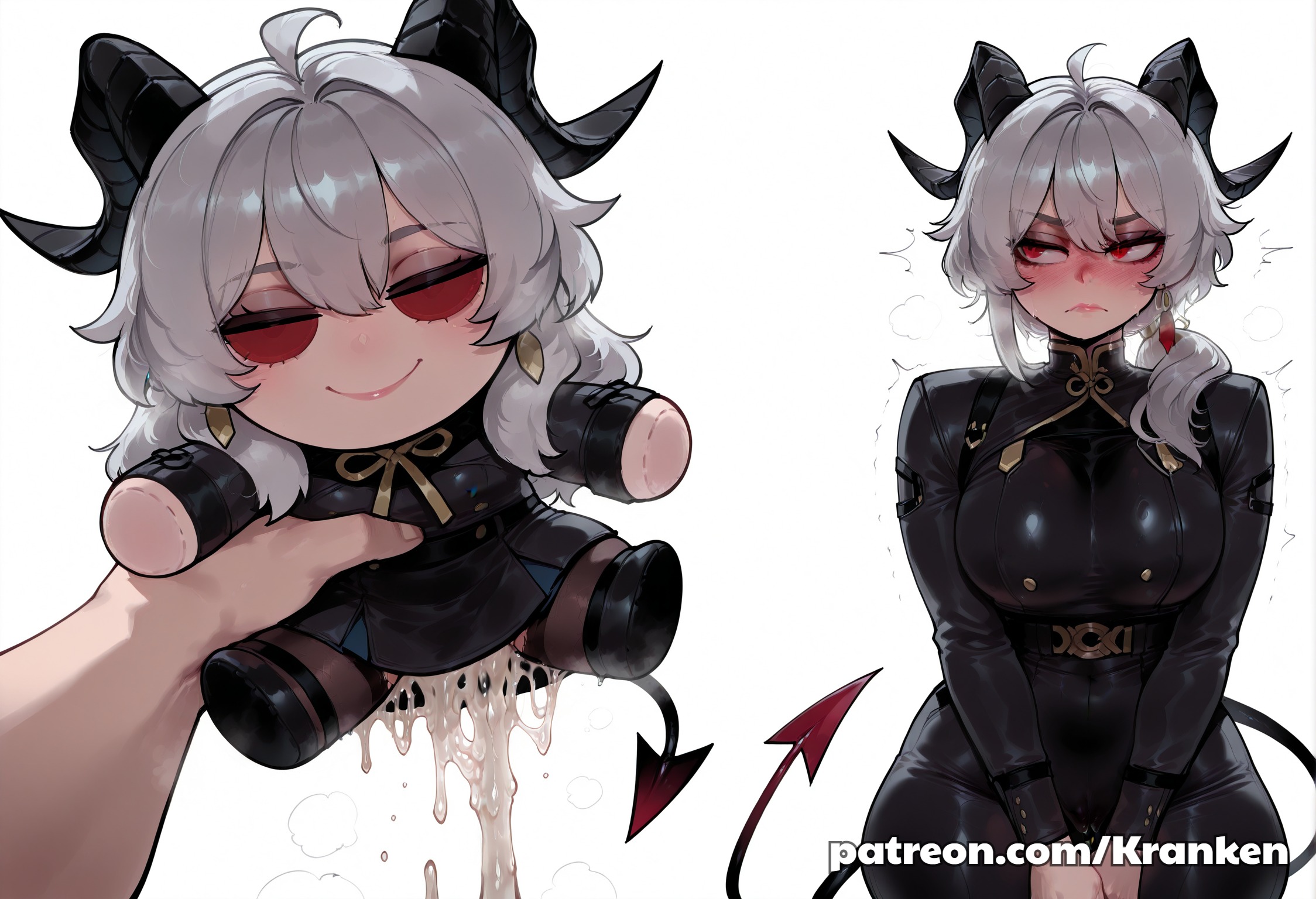 1boy, 1girls, after orgasm, after vaginal, aftermath, ai generated, big breasts, big hips, black horn, black horns, blush, blushing at viewer, blushing female, breasts, cum, cum drip, cum dripping, cum dripping out of pussy, cum in plushie, cum in pussy, cum inside, demon tail, female, female focus, fluids, fucked, horns, kranken, large breasts, maid, male, male/female, meme, plushie, plushie fucking, plushophilia, pussy, red eyes, red nails, sexy, sexy pose, shocked, shy, sparkle doll meme, tail, thick, thick body, thick breasts, voluptuous, voluptuous female, white hair, wide hips, wuthering waves, zani (wuthering waves)