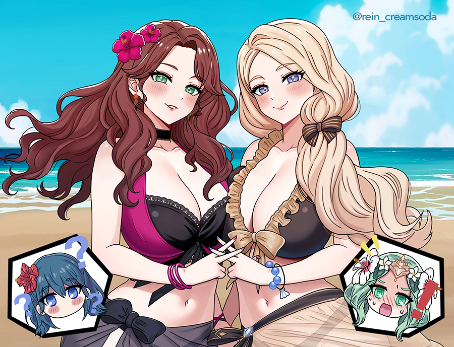 4girls, beach, bikini, black bikini, black choker, black sarong, blonde hair, blue eyes, blue sky, blush, bow, breasts, brown bikini, brown hair, brown sarong, byleth (fire emblem), byleth (fire emblem) (female), choker, cleavage, closed mouth, cloud, collarbone, dorothea arnault, dorothea arnault (summer), earrings, female, female only, fire emblem, fire emblem heroes, fire emblem: three houses, flower, frilled bikini, frills, green eyes, green hair, hair flower, hair ornament, hibiscus, jewelry, large breasts, long hair, looking at viewer, mercedes von martritz, mercedes von martritz (summer), multicolored bikini, multiple females, multiple girls, navel, nintendo, ocean, off shoulder, off-shoulder bikini, official alternate costume, open mouth, outdoors, red flower, rein creamsoda, rhea (fire emblem), rhea (summer) (fire emblem), sarong, scissoring gesture, sky, smile, stomach, sweat, swimsuit, tribadism gesture, two-tone bikini, water, yuri