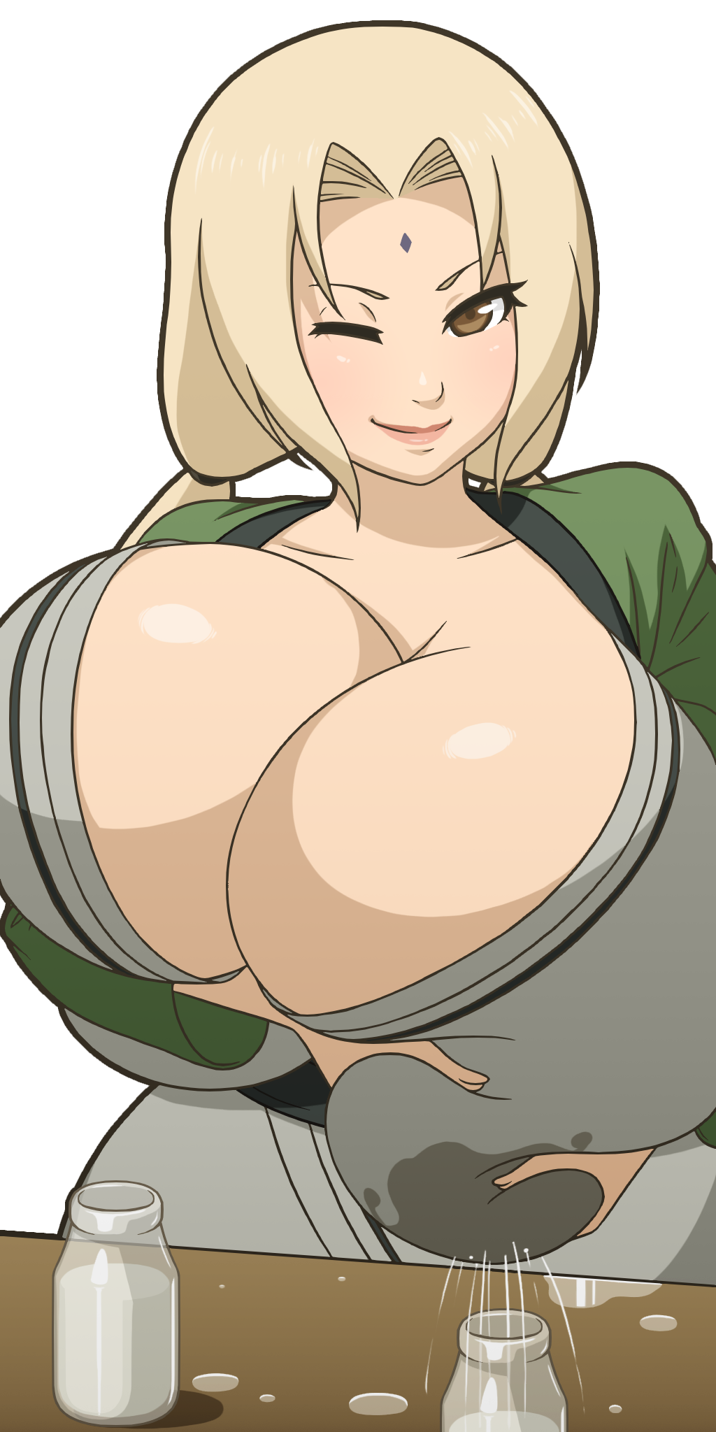 1girls, 2d, big breasts, blonde pubic hair, breast squeeze, breasts, cleavage, color, colored, female, female only, kimono, lactating, lactation, lactation through clothes, light skin, light-skinned female, looking at viewer, manyakis, naruto, naruto (series), naruto shippuden, pale skin, pale-skinned female, solo, solo female, squirting milk, table, tagme, transparent background, tsunade, winking