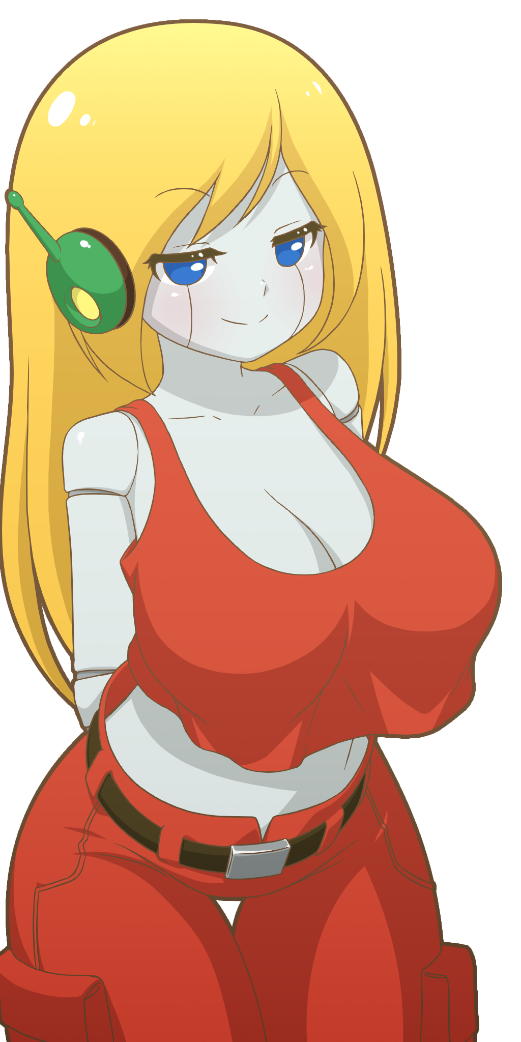 1:2 1girls alpha_channel android belt blonde_hair blue_eyes breasts cave_story curly_brace doukutsu_monogatari earpiece eyes_half_closed female for_sticker_use hair looking_at_viewer manyakis mike_inel navel pants png red_outfit sticker_template transparent_background transparent_png