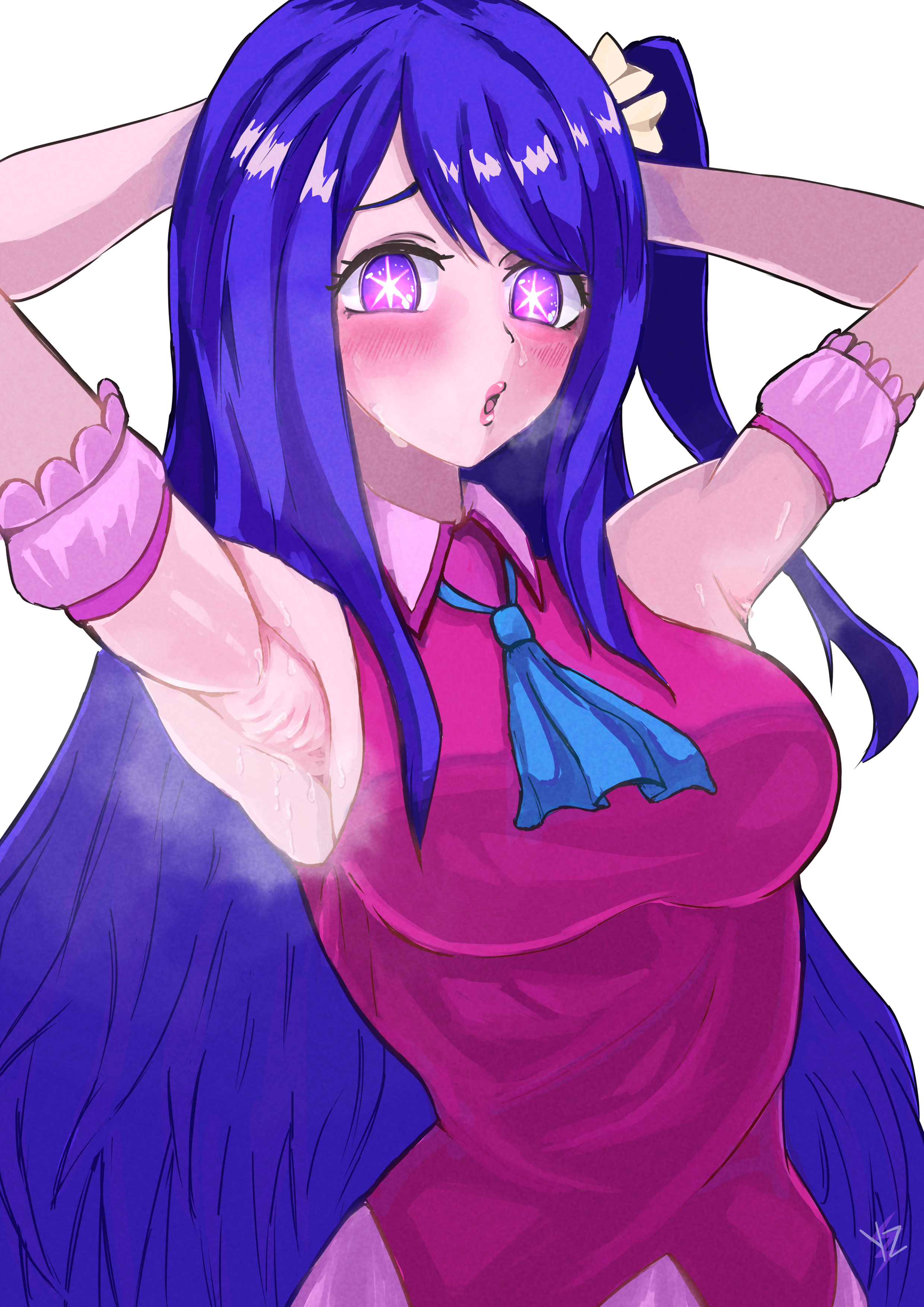 :o, 1girls, adult, adult female, armpit, armpit crease, armpit focus, armpit peek, armpits, bare armpits, bare arms, bare shoulders, bare skin, blush, blush face, blushing at viewer, blushing female, blushing lines, breasts, busty, busty female, elbows, exposed armpits, exposed arms, exposed shoulders, exposed skin, female, female focus, female only, hairless armpits, hand behind head, hands behind head, high resolution, highres, hoshino ai, hourglass figure, idol, large breasts, lean figure, lips, long hair, looking at viewer, mature, mature female, narrow waist, open mouth, oshi no ko, parted bangs, parted lips, ponytail, posing, posing for the viewer, purple eyebrows, purple eyes, purple hair, purple-eyed female, purple-haired female, shaved armpits, shoulders, side ponytail, simple background, slender body, slender waist, slim waist, solo, standing, star eyes, star-shaped pupils, tongue, upper body, white background, wide hips, yokab88