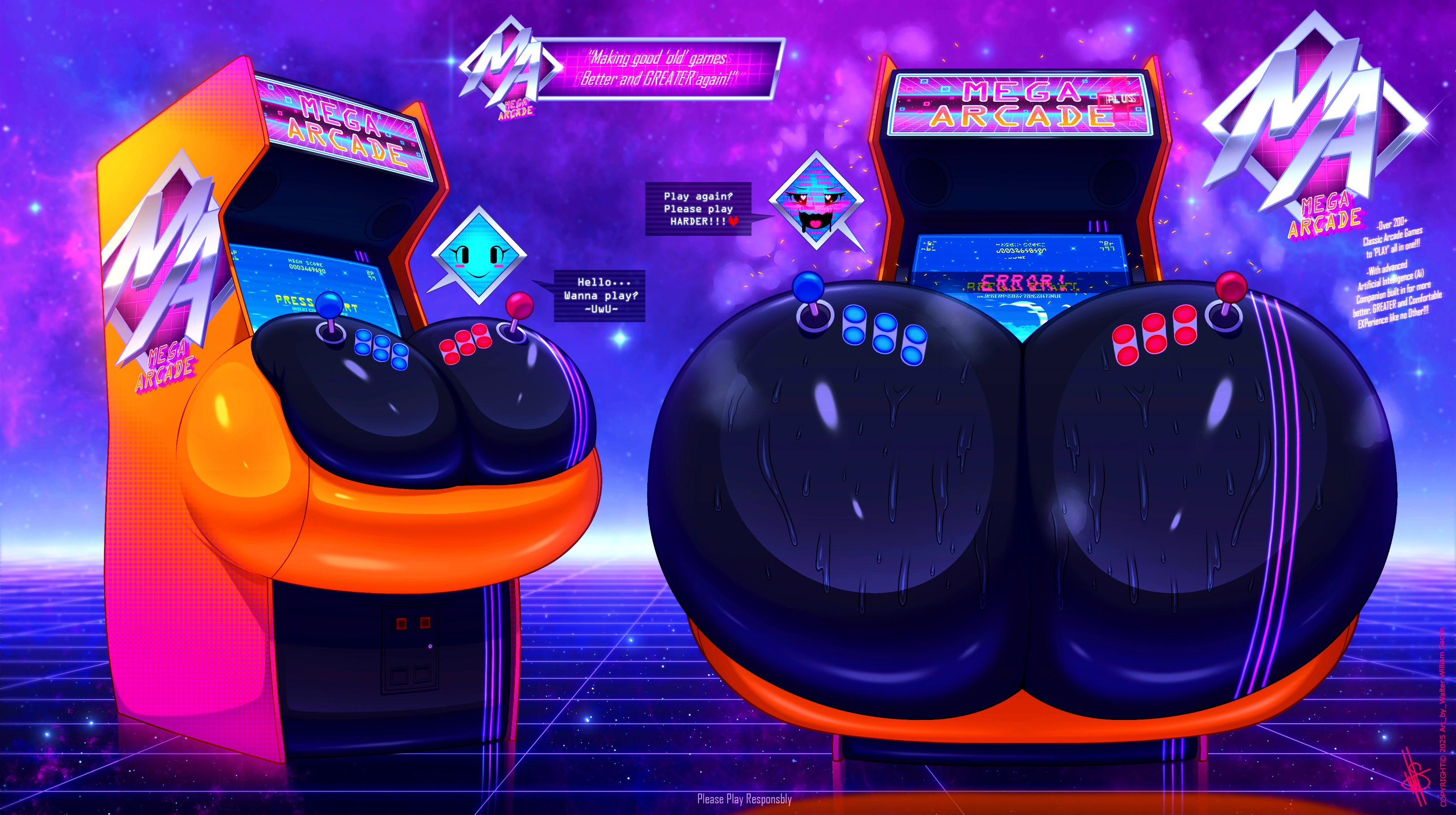absurd res, animate inanimate, anthro, arcade machine, big breasts, blush, blush stickers, bodily fluids, breast expansion, breast growth, breast growth (enlargement), breasts, busty object, dialogue, english text, erotic arcade machine, expansion, female, gameplay mechanics, greeting, hi res, joystick, living machine, looking pleasured, machine, open mouth, open smile, smile, solo, sweat, sweaty breasts, text, walter sache, what
