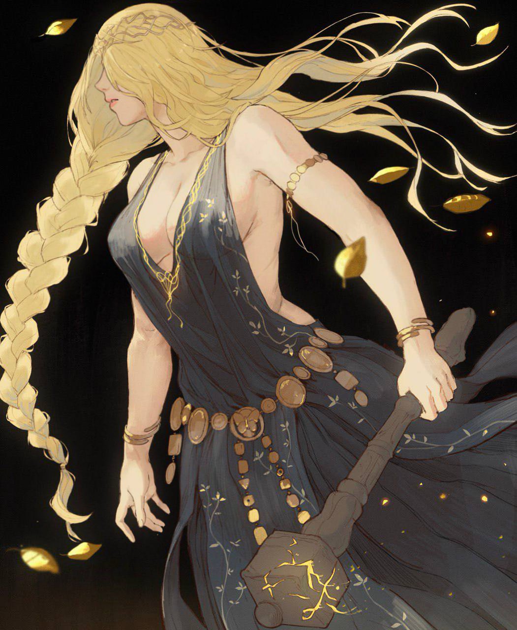 1girls, armlet, armpits, big breasts, blonde female, blonde hair, bracelet, braid, braided ponytail, breasts, cleavage, commentary request, covered eyes, dress, elden ring, female, fromsoftware, giganticbuddha, goddess, hair covering eyes, hammer, light skin, light-skinned female, milf, queen marika the eternal, sideboob, solo, standing, thin waist