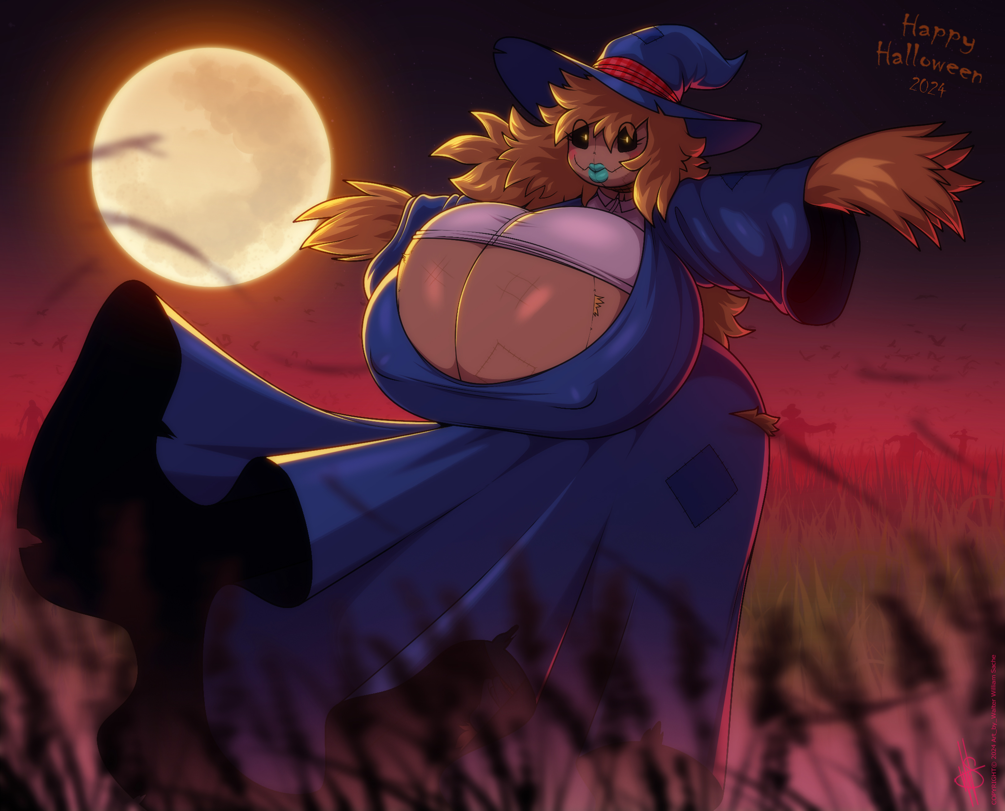 absurd res, big breasts, blonde hair, blue clothing, blue dress, blue lipstick, breasts, cleavage, clothed, clothing, dress, erect nipples, female, full moon, grass, hair, halloween, hat, headgear, headwear, hi res, holidays, huge breasts, humanoid, hyper, hyper breasts, lips, lipstick, looking at viewer, makeup, moon, nipple outline, nipples, plant, scarecrow, smile, solo, tall grass, walter sache, witch hat