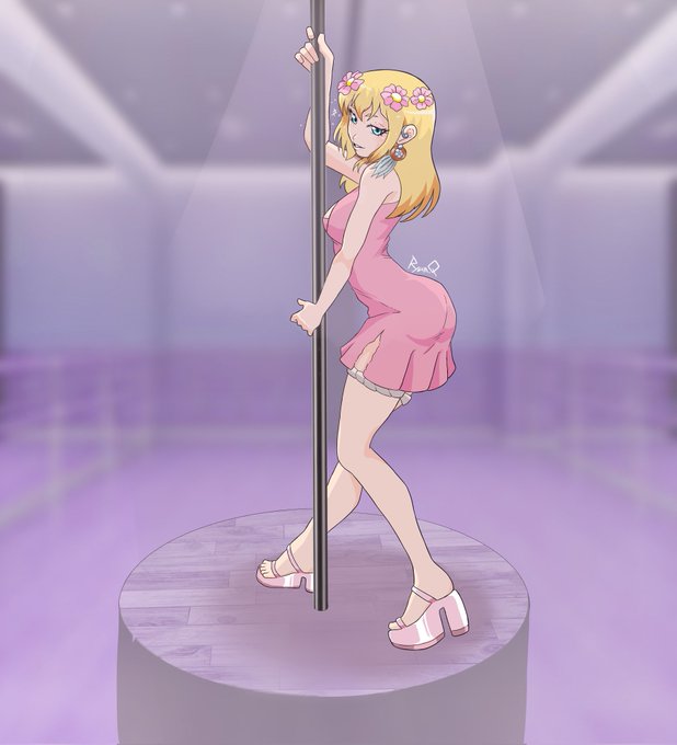 1girls, alternate costume, alternate hairstyle, angelquartz (artist), blonde hair, blonde-haired female, dr.stone, female, flower, flower in hair, high heels, kohaku (dr.stone), official alternate costume, official alternate hairstyle, pink clothing, platform heels, pole, seductive, stripper pole, wedge heels