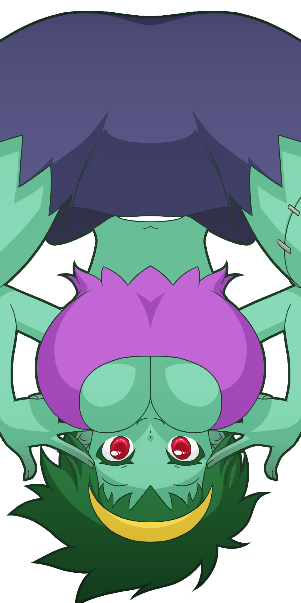 1girls belly_button choker earrings female fully_clothed green_hair green_skin manyakis pose red_eyes rottytops shantae smiling smooth_skin tank_top upside-down zombie_girl