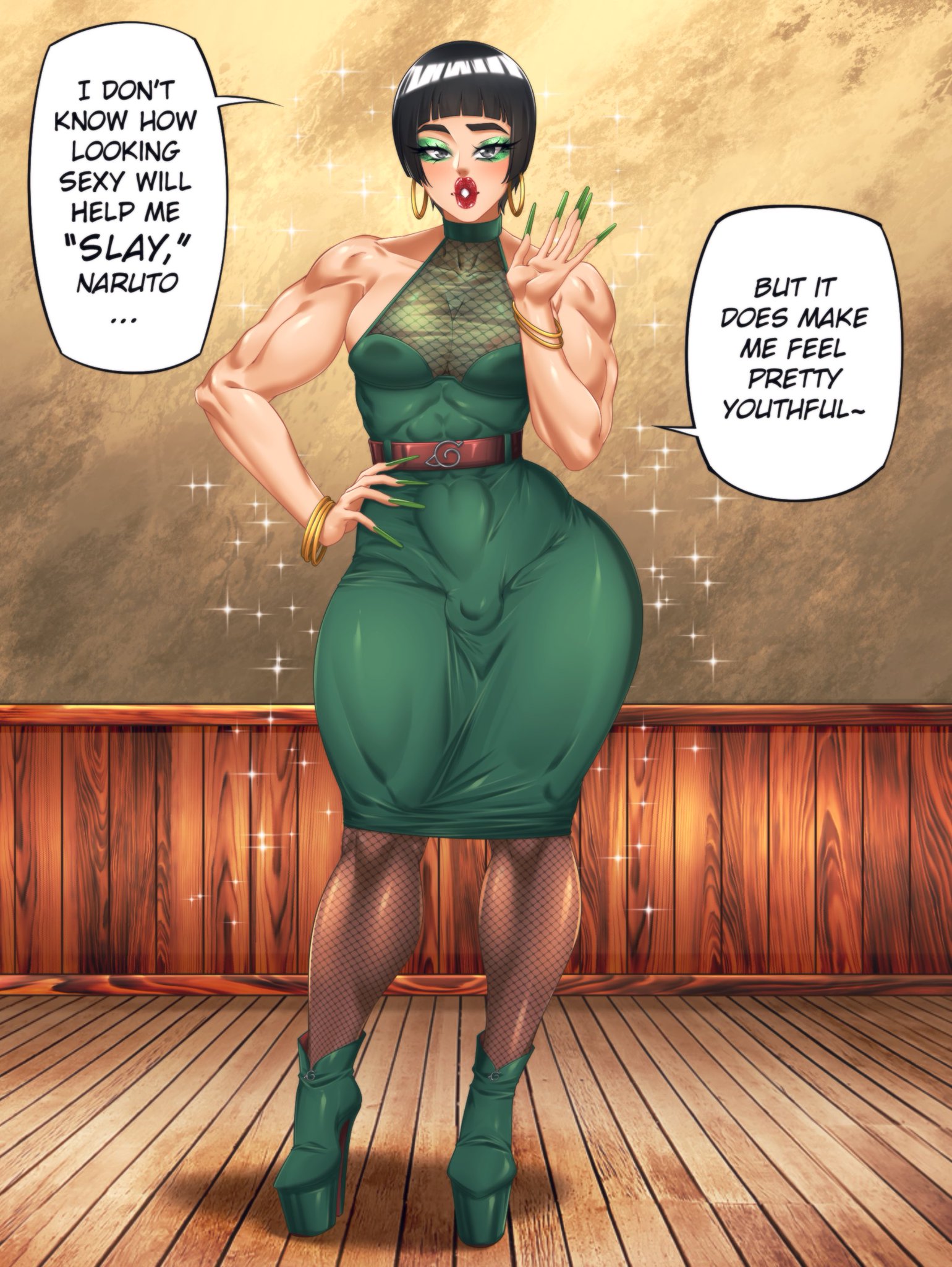 1boy, 2d, alternate costume, androgynous, balls, bimbo, bimbofication, bimboi, black eyes, black hair, bodycon, boruto: naruto next generations, bowl cut, bracelets, bulge, bulge through clothing, child bearing hips, clothed, clothed male, color, crossdressing, curvaceous, curvaceous figure, curves, curvy, curvy body, curvy figure, curvy hips, curvy male, dialogue, dress, earrings, english text, eyelashes, eyeliner, eyeshadow, femboy dilf, feminization, feminized male, fishnet, fishnet legwear, fishnets, footwear, forced feminization, front view, full color, fully clothed, girly, green heels, green high heels, green nail polish, green nails, heels, hi res, high heels, high resolution, highres, hips, hoop earrings, hourglass figure, indoors, jewelry, legwear, light skin, light-skinned male, lips, lipstick, long fingernails, long nails, looking at viewer, makeup, male, male only, manly crossdresser, mascara, masculine crossdresser, micropenis, muscles, muscular, muscular male, naruto, naruto (series), naruto shippuden, non-nude, painted nails, pale skin, pale-skinned male, pantyhose, penis, penis bulge, platform heels, pose, posing, puckered lips, red lips, red lipstick, rock lee, shonen jump, shounen jump, shueisha, sissification, sissy, skimpy, skimpy clothes, skimpy dress, small balls, small penis, solo, solo male, speech bubble, standing, stiletto heels, suiren ciao, text, thick thighs, thunder thighs, tiny penis, very high resolution, weekly shonen jump, weekly shounen jump, wide hips, wooden floor, wooden wall