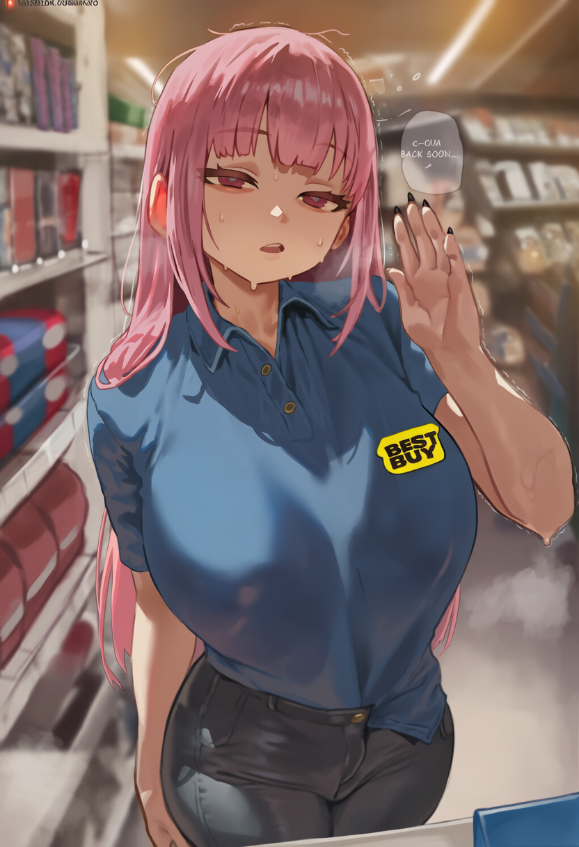 1girls, after sex, ai generated, best buy, blue shirt, breasts, english text, female, hololive, hololive english, hololive myth, huge breasts, jeans, mori calliope, pink hair, red eyes, retail, retail worker, sweat, virtual youtuber, waving