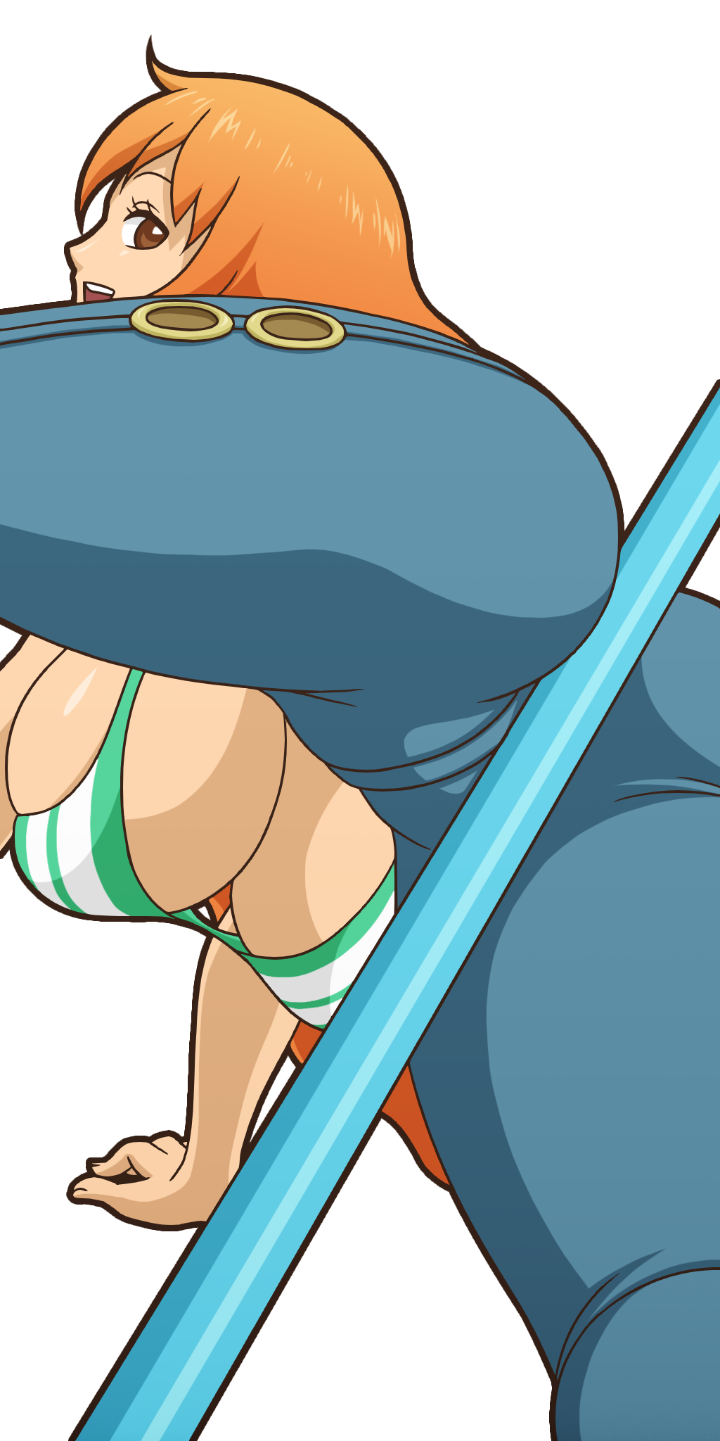 1girls 2d ass bikini breasts color colored female female_only huge_ass huge_breasts jeans light-skinned_female light_skin long_hair manyakis nami_(one_piece) one_piece orange_hair pale-skinned_female pale_skin shounen_jump solo solo_female striped_bikini tagme transparent_background underboob