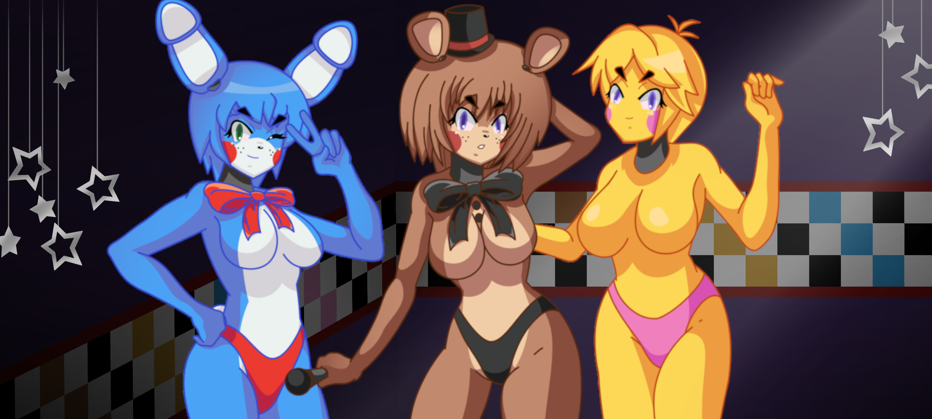 3girls, android, animatronic, anthro, bear girl, big breasts, black panties, blue body, blue fur, blue hair, blue skin, bonnie (fnia), bow, bowtie, breasts, brown body, brown fur, brown hair, bunny ears, bunny girl, bunny tail, camera, camera view, chica (fnia), chicken girl, cleavage, ear, featureless breasts, female, female only, five nights at freddy's, five nights in anime, five nights in anime rebooted, fnaf, fnia, freckles, freckles on face, freddy (fnia), furry, gameplay mechanics, green eyes, huge breasts, multiple females, multiple girls, no nipples, open mouth, panties, pink panties, pose, posing, rabbit, rabbit girl, red panties, red thong, ribbon, robot, robot girl, robot humanoid, seductive, stage, thighs, thong, toy bonnie (fnaf), toy bonnie (fnia), toy chica (fnaf), toy freddy (fnaf), white body, white fur, white skin, yellow body, yellow hair, yellow skinned female
