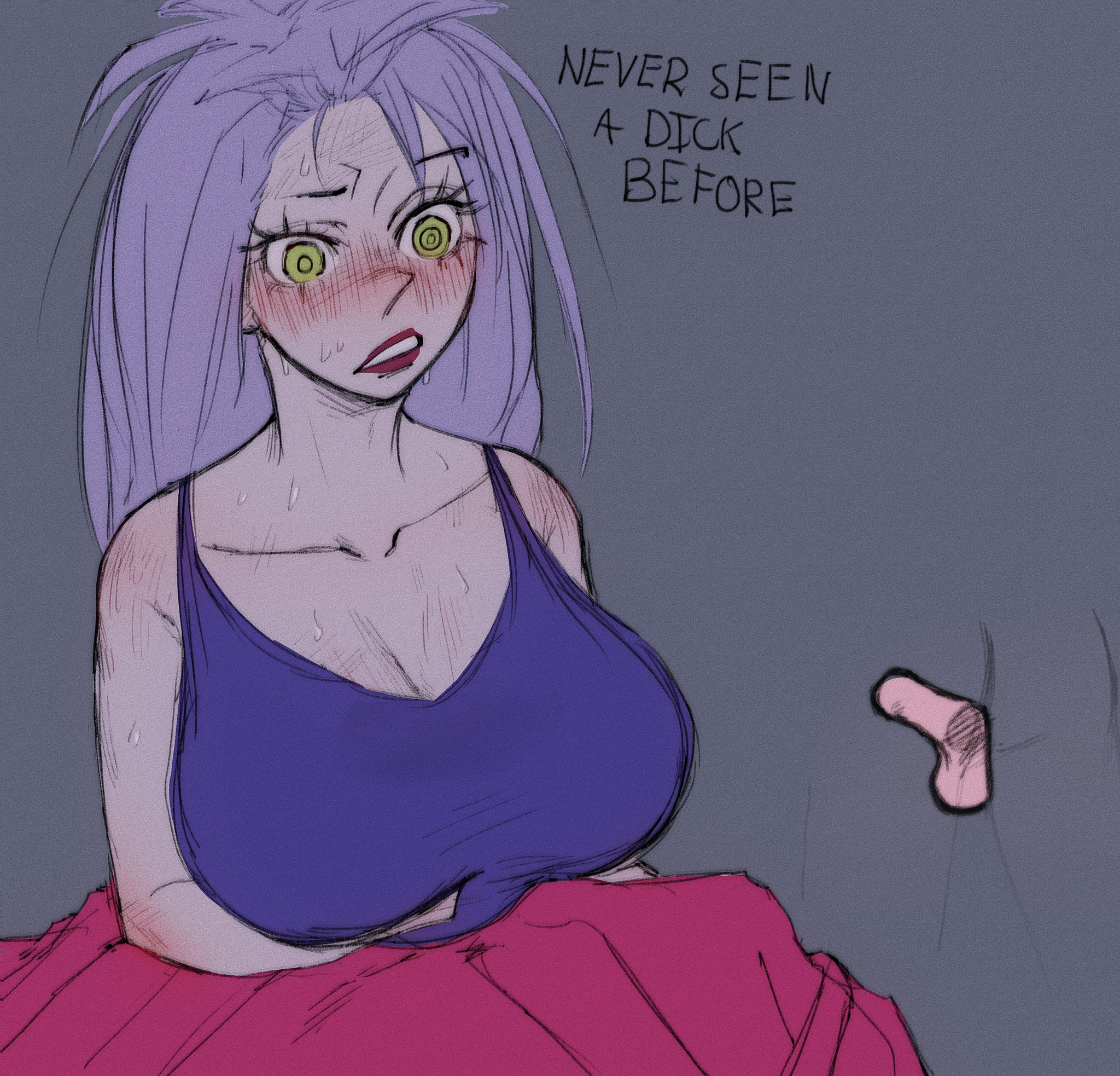 1boy, 1girls, breasts, debiru, disney, disney villains, dress, female, flustered, fully clothed, huge breasts, inexperienced, large breasts, lavender hair, light skin, madam mim, male, mature female, messy hair, partial male, penis, small penis, small penis adoration, swirly eyes, the sword in the stone, virgin, x-ray, yellow eyes