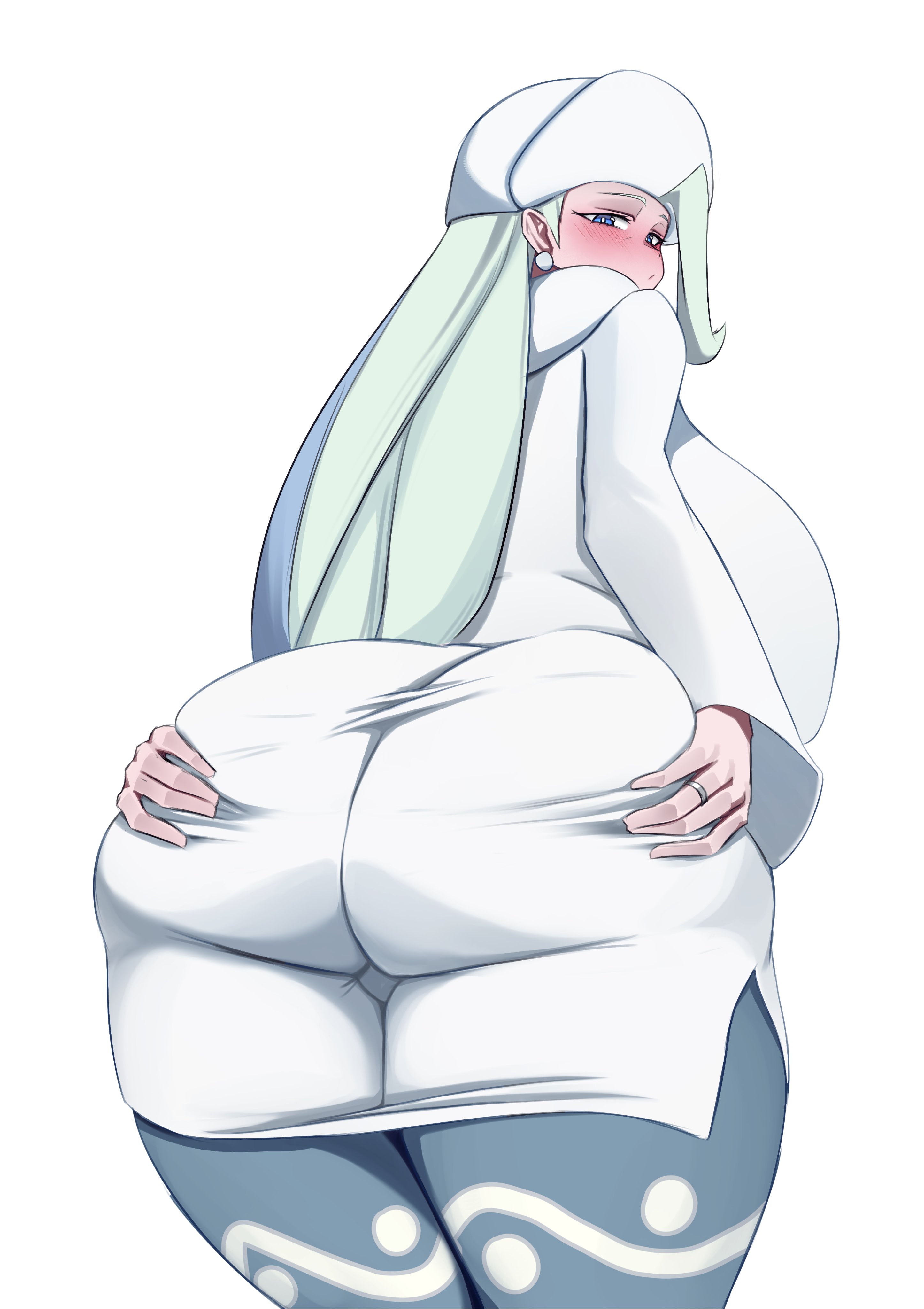 1girl, 1girls, ass, ass grab, big ass, big breasts, blue eyes, blush, clothed, clothing, earrings, female, female only, game freak, hat, huge ass, huge breasts, jewelry, k dhen, long hair, looking at viewer, looking back, mature, mature female, melony (pokemon), milf, nintendo, pokemon, pokemon ss, ring, solo, striped, tagme, thick thighs, wedding band