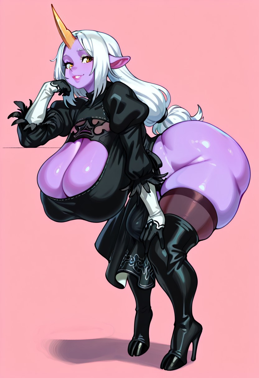1futa, ai generated, ass, bent over, big ass, big breasts, big butt, big penis, black dress, breasts, bulge, cosplay, dark dress, futa only, futanari, gravure soraka, hooves, huge ass, huge breasts, intersex, large breasts, league of legends, long hair, massive ass, massive breasts, nier: automata, pantyhose, penis, ponytail, purple body, purple skin, skindentation, solo, soraka, standing, thick thighs, thigh boots, white hair, wide hips, yorha 2b (cosplay)