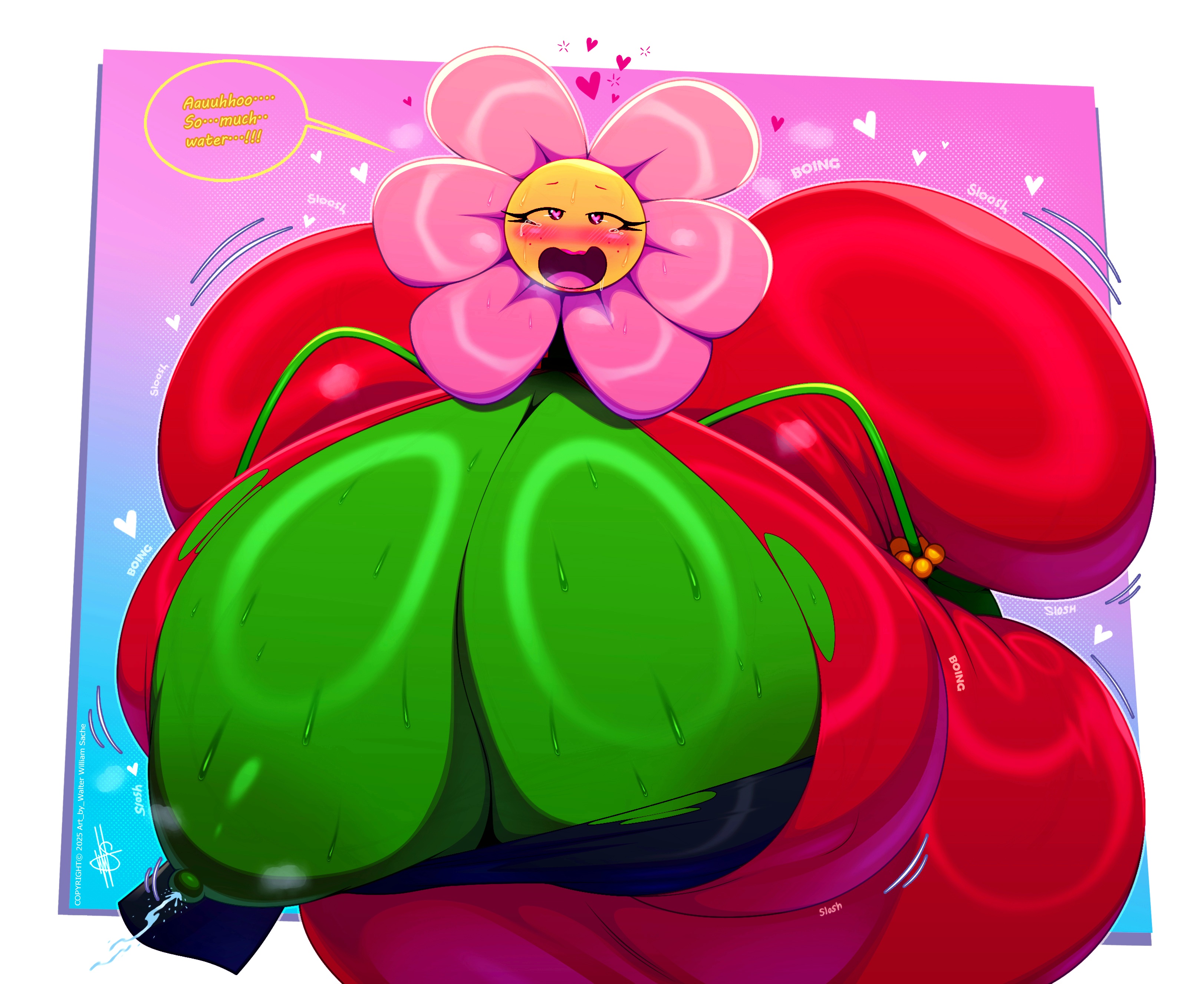 absurd res, areola, ass, big areola, big ass, big breasts, big butt, big nipples, black eyes, blush, bodily fluids, bracelet, breast expansion, breast growth, breast growth (enlargement), breasts, butt expansion, clothed, clothing, dress, elemental creature, english text, expansion, eyebrows, eyelashes, female, flora fauna, flower, freckles, glistening, glistening eyes, green areola, green body, green nipples, heart eyes, heart symbol, hi res, huge areola, huge ass, huge breasts, huge butt, huge nipples, hyper, hyper areola, hyper ass, hyper breasts, hyper butt, jewelry, lactating, lactating water, leaf, leaf arms, lips, mommy flower, motion lines, nipple slip, nipples, one breast out, onomatopoeia, open mouth, open smile, pearl bracelet, petals, pink lips, pink petals, pink tongue, plant, red clothing, red dress, rosy cheeks, smile, solo, sound effects, sweat, sweaty breasts, tears, text, tongue, torn clothing, unusual bodily fluids, unusual lactation, walter sache, wardrobe malfunction, water, yellow face