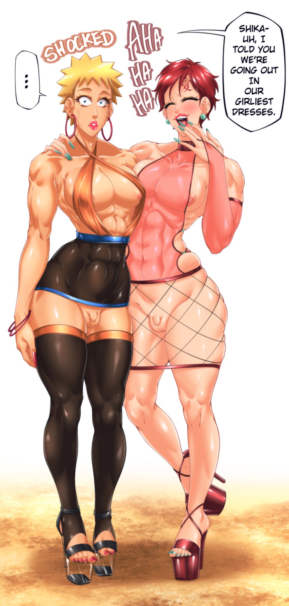 2boys, abs, androgynous, armwear, balls, bimbo, black legwear, blonde hair, blue eyes, blue nail polish, blue nails, blue toenail polish, blue toenails, blush, bodysuit, boruto: naruto next generations, bracelets, child bearing hips, choker, closed eyes, collar, crossdressing, curvaceous, curvaceous figure, curves, curvy, curvy body, curvy figure, curvy hips, dialogue, dress, elbow gloves, english text, erect nipples, exposed penis, eyelashes, facial markings, feet, female, femboy, femboy dilf, feminine male, fingerless gloves, fishnet bodysuit, fishnet clothing, fishnets, foot fetish, gaara, gay, girly, heels, hi res, high heels, high resolution, highres, hips, hourglass figure, jewelry, legs, light skin, light-skinned male, lips, lipstick, long fingernails, long gloves, long nails, looking at viewer, makeup, male, male only, male/male, messy hair, micropenis, miniskirt, muscles, muscular, muscular femboy, muscular male, nail polish, naruto, naruto (series), naruto shippuden, naruto uzumaki, nipples, no panties, painted nails, pale skin, pale-skinned male, pantyhose, pecs, penis, pink lips, pink lipstick, pink nail polish, pink nails, pink toenail polish, pink toenails, platform heels, pose, posing, red hair, red heels, red high heels, shonen jump, short skirt, shounen jump, shueisha, sissy, skimpy, skimpy clothes, skimpy dress, skirt, small balls, small penis, speech bubble, spiky hair, standing, stiletto heels, stockings, suiren ciao, sweat, sweatdrop, sweating, testicles, text, thick thighs, thighhighs, thighs, tiny penis, toeless legwear, toeless socks, toeless thigh highs, toenail polish, toenails, toes, tomgirl, toned, toned body, toned male, toned stomach, trap, uzumaki naruto, very high resolution, weekly shonen jump, weekly shounen jump, wide hips, yaoi, yellow hair