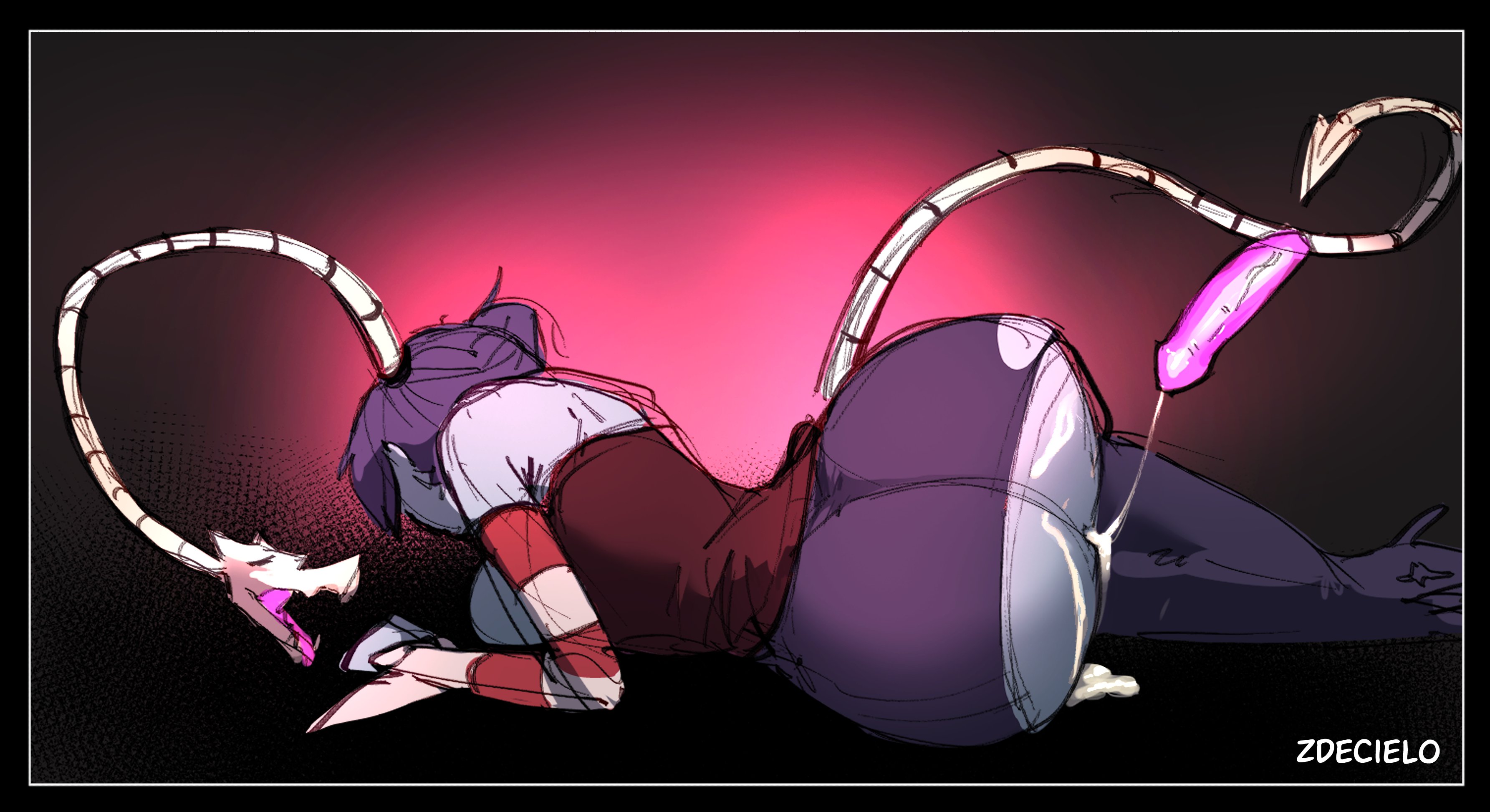 1girls, after sex, ass, back, bare shoulders, big ass, big breasts, big penis, breasts, cropped legs, cum, facing away, female, leviathan (skullgirls), male, penis, skullgirls, squigly, torn clothes, zdecielo, zombie, zombie girl