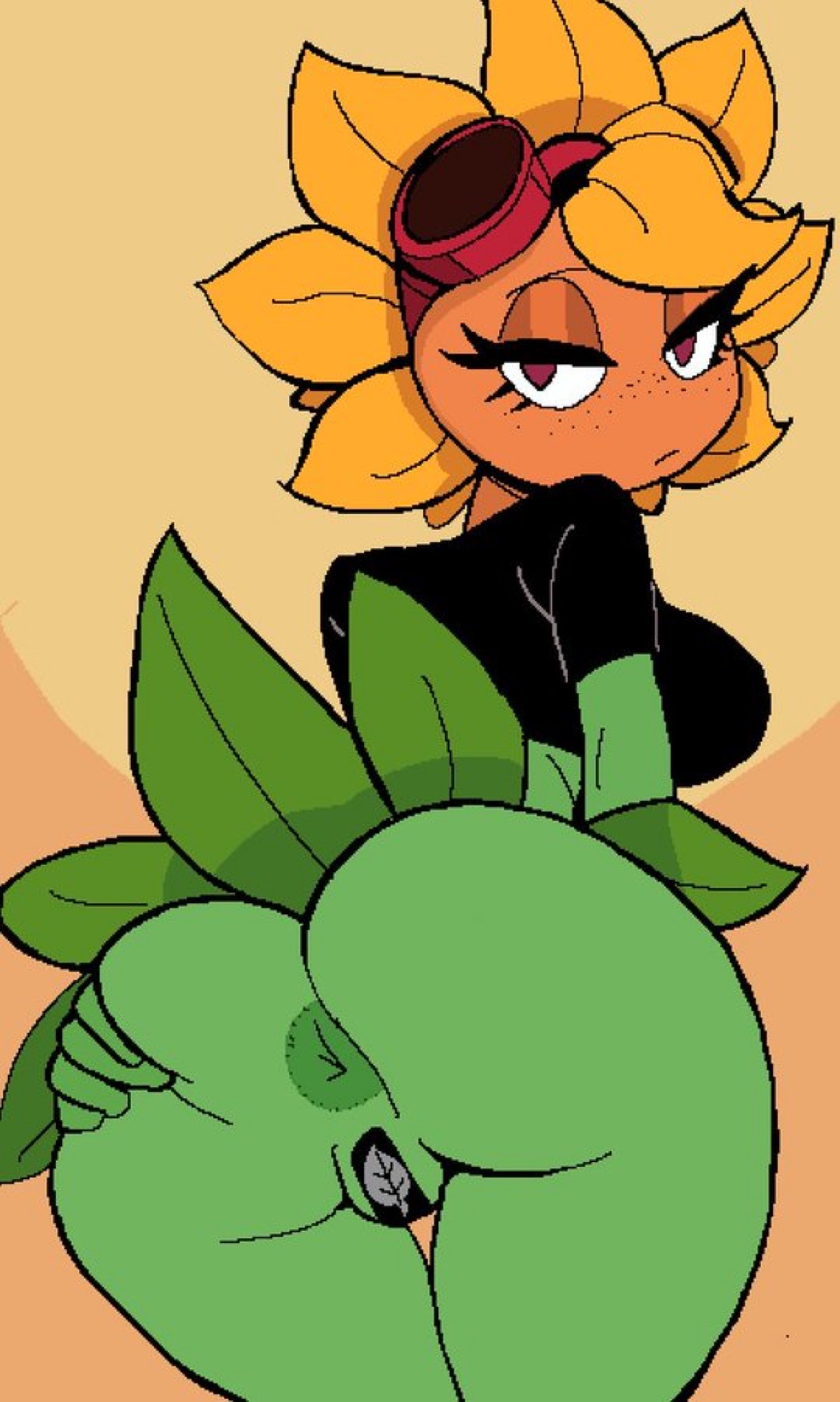 anthro, anus, ass, ass bigger than head, ass focus, ass spread, asshole, asshole focus, bored expression, fat ass, female, green body, green skin, looking at viewer, monmaamn, no panties, orange face, petals, plants vs zombies, plants vs zombies: heroes, pvz, pvz heroes, solar flare (pvz), sunflower (pvz), tape, topwear