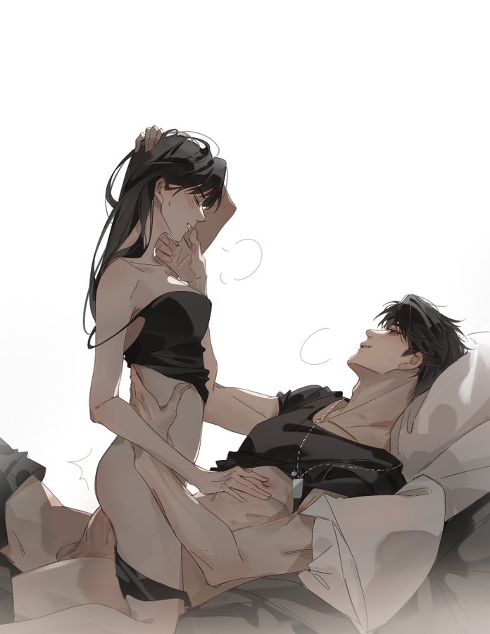 1boy1girl, black panties, black shirt, black t-shirt, blush, blush lines, caleb (love and deep space), closed eyes, cowgirl position, dark hair, dog tag, dog tag necklace, female, female on top, half dressed, hand on waist, light skin, long hair, looking at partner, love and deep space, male, panties pulled down, pants pulled down, protagonist (love and deep space), riding, smirk, straight, sunset pomelo, sweat, touching lip