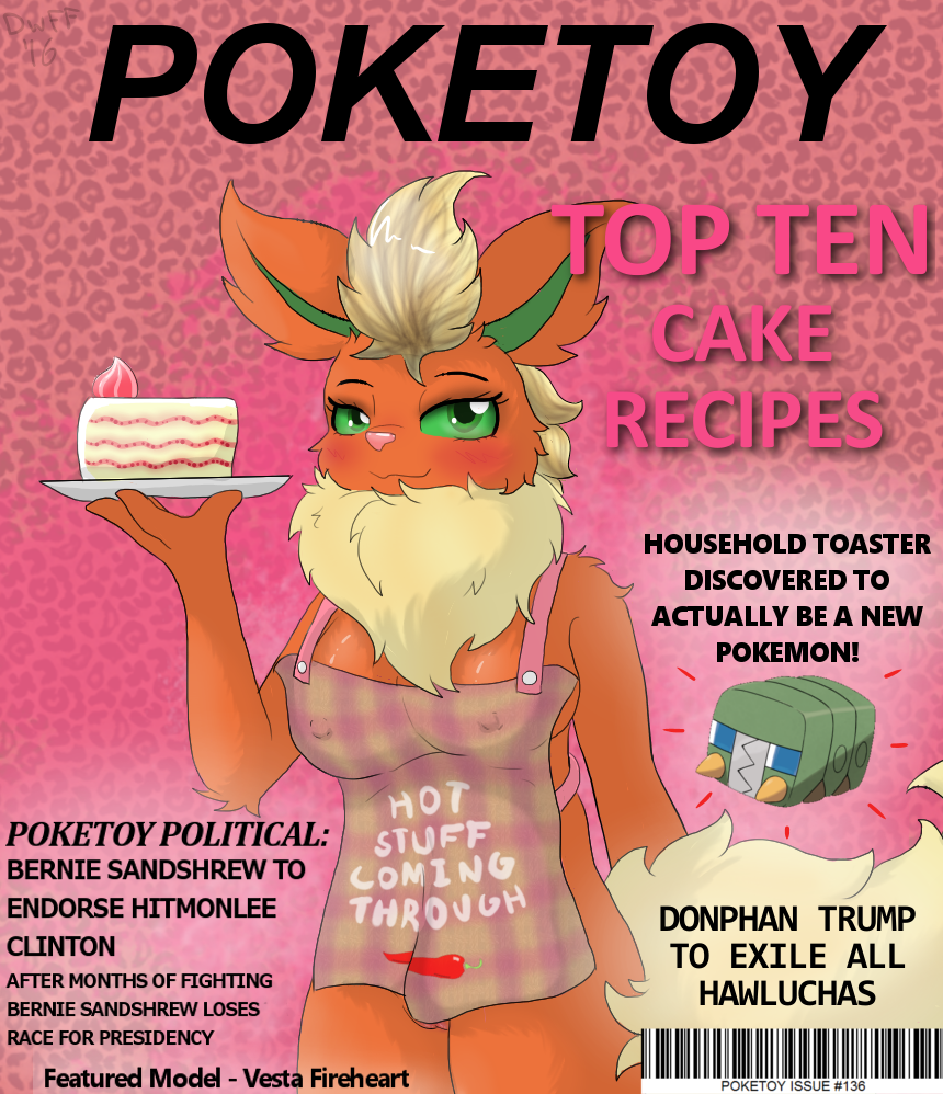 1girls ambiguous_gender anthro apron breasts cake canine charjabug clothing dunewulff eeveelution flareon food furry magazine nintendo original_character pokemon pokemon_(species) pokemon_sm pussy text video_games