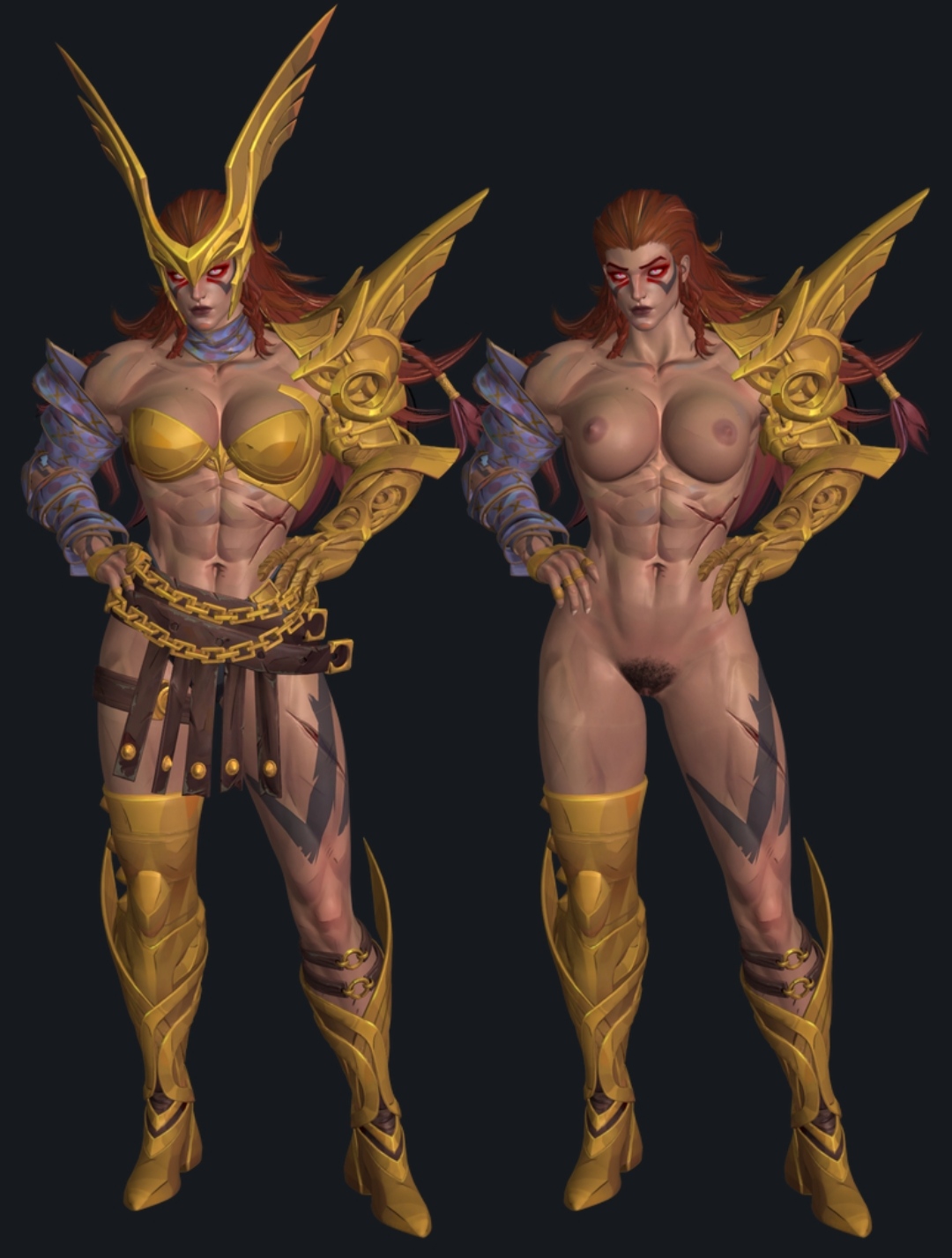 1girls, 3d, abs, angela (aldrif odinsdottir), armor, big breasts, boots, breasts, female, female only, full body, golden armor, hand on hip, helmet, lendinhvobattinh, light skin, light-skinned female, long hair, marvel, marvel comics, marvel rivals, metallic clothing, muscular, muscular female, nipples, pubic hair, red hair, revealing clothes, scar, solo, tall female, thick thighs, thighs, thor (series), topless