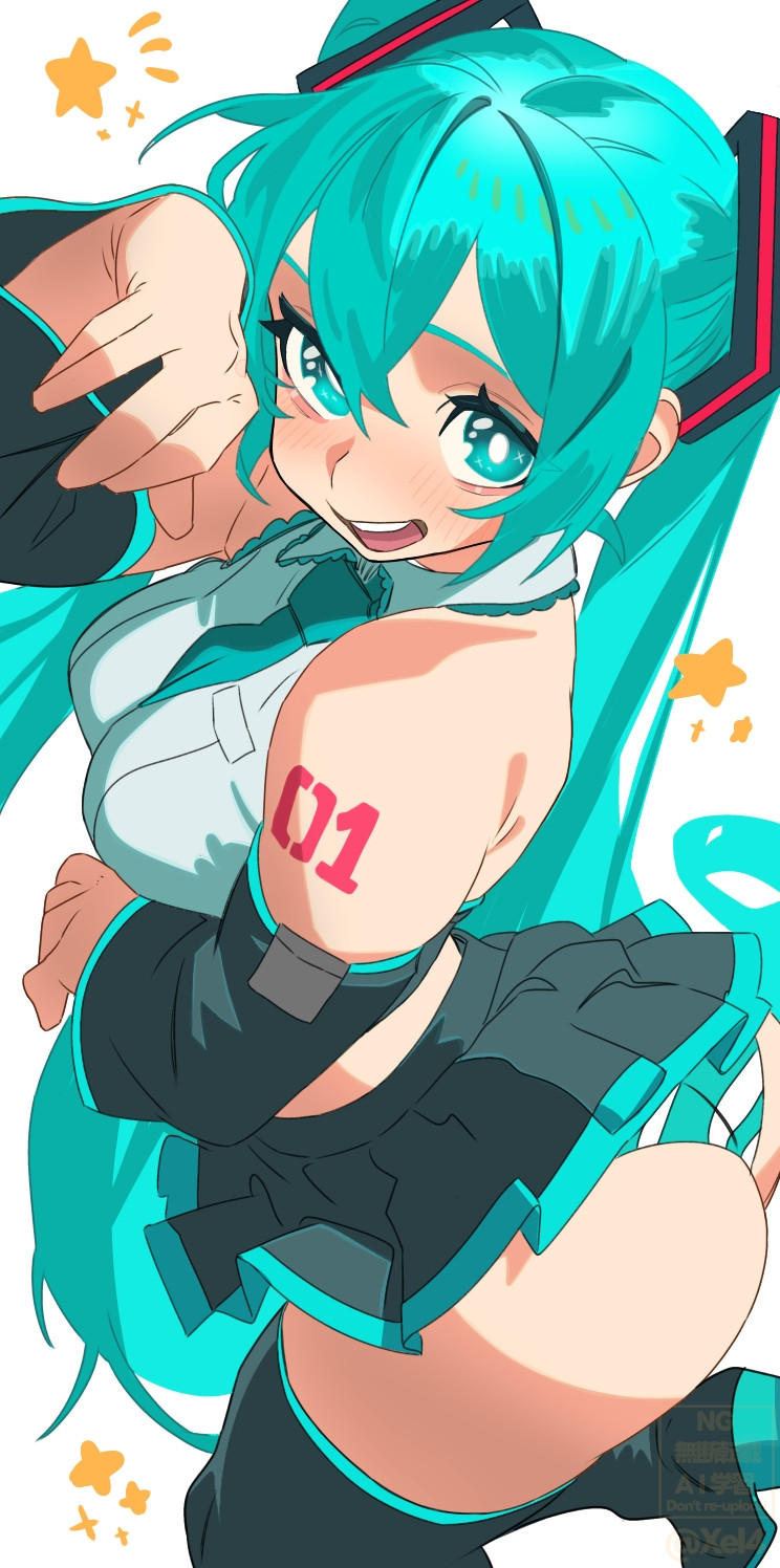 1girl, 2d, aqua eyes, aqua hair, aqua necktie, ass, bare shoulders, big ass, black skirt, blue eyes, blue hair, blush, boots, breasts, detached sleeves, female, hair between eyes, hatsune miku, large ass, large breasts, long hair, looking at viewer, medium breasts, miniskirt, necktie, open mouth, panties, pleated skirt, skirt, smile, solo, striped, striped panties, tattoo, thick thighs, thigh boots, thighhighs, twintails, underwear, upskirt, very long hair, white background, xel4
