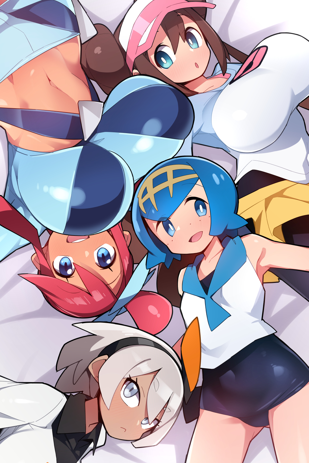 4girls, abarabone94, abarai (abarabone), bea (pokemon), big breasts, blue eyes, blue hair, breasts, dark skin, double bun, female, female only, grey hair, hair bun, hairband, highres, huge breasts, lana (pokemon), large breasts, long hair, looking at viewer, mei (pokemon), multiple females, multiple girls, navel, nintendo, open mouth, pokemon, pokemon bw, pokemon bw2, pokemon sm, pokemon ss, pokemon swsh, rosa (pokemon), shirt, short hair, shorts, skyla (pokemon), visor cap