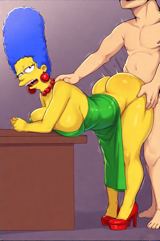 20th century fox, ai generated, ass, bent over, bent over desk, big ass, big breasts, blue hair, breasts, clothed sex, curly hair, desk, doggy style, dress, earrings, falcon kick, female, heels, high heels, marge simpson, milf, moaning, mommy, necklace, tall hair, the simpsons