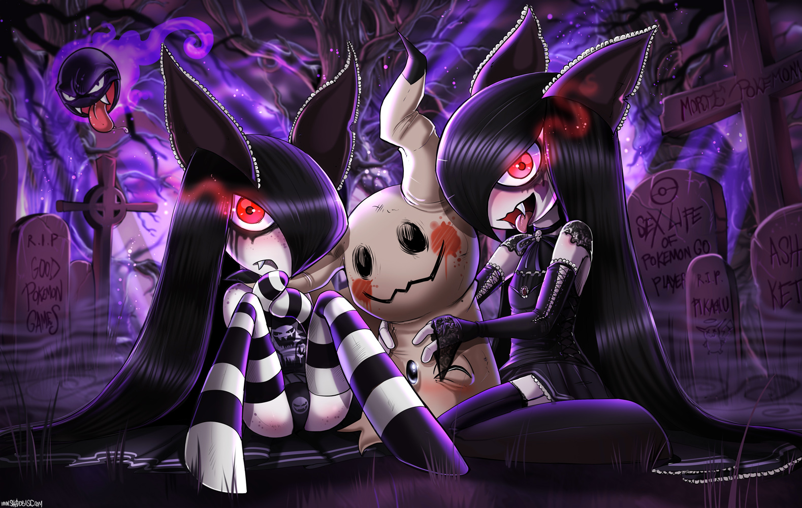 2girls, ambiguous gender, ass, bad id, black hair, elbow gloves, fangs, female, fingerless gloves, gastly, gloves, glowing eyes, goth, kirlia, legs, long hair, mimikyu, multiple females, multiple girls, nintendo, open mouth, panties, pokémon (species), pokemon, pokemon (species), pokemon rgby, pokemon rse, pokemon sm, red eyes, shadman, teeth, text, thighhighs, thighs, tongue, tongue out, very long hair