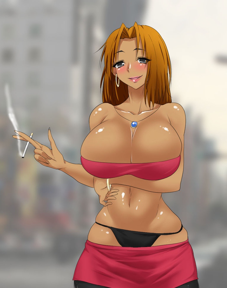 bare_shoulders blush breasts brown_hair cigarette cleavage collar curvy dark-skinned_female dark_skin female ganguro grey_eyes gyaru huge_breasts kogal large_breasts lips long_hair looking_at_viewer makeup mikezoutei miniskirt navel nude parted_lips skirt smile smoking solo thong wide_hips