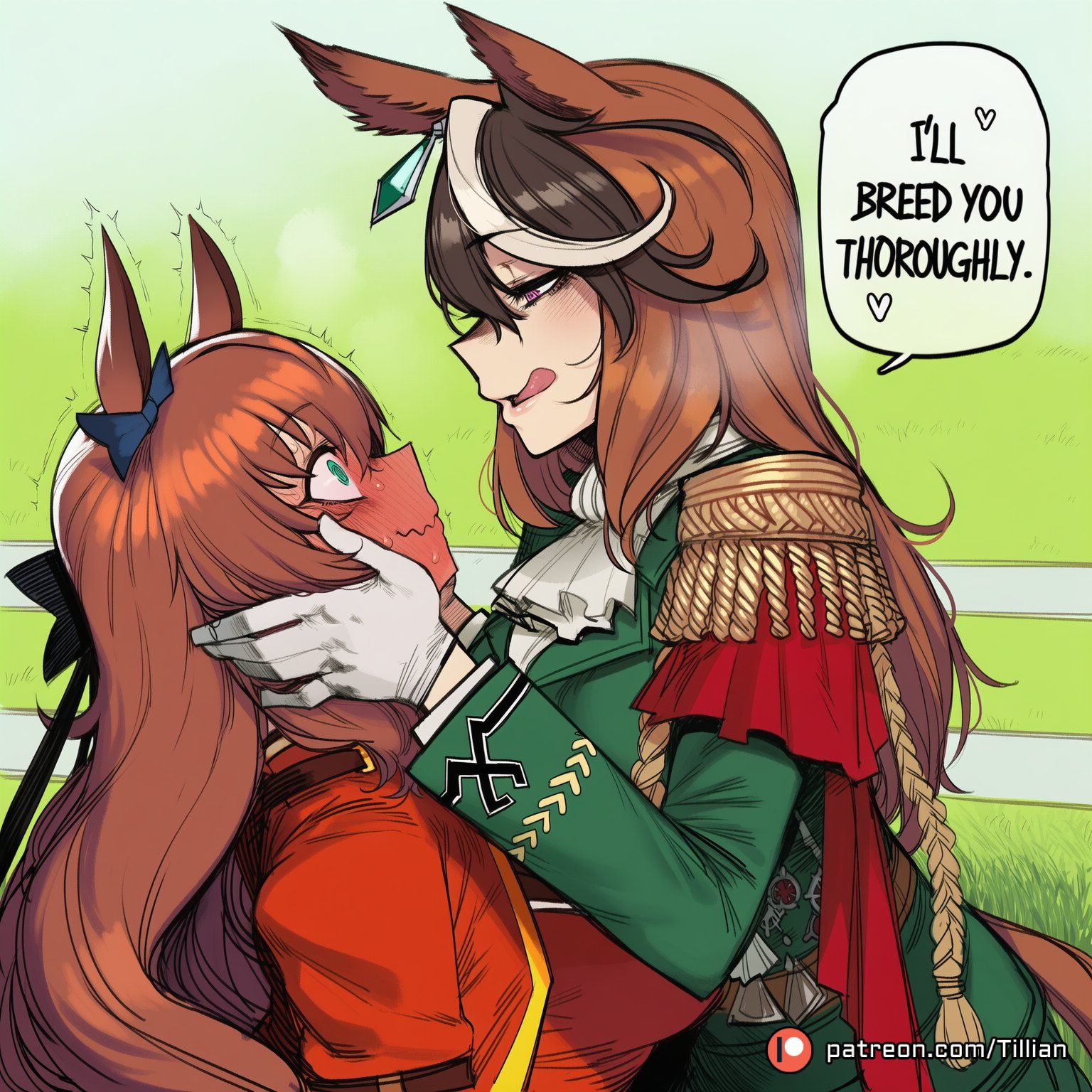 2girls, ai generated, animal ears, ascot, blue bow, blush, bow, brown hair, ear bow, earrings, english text, epaulettes, female, full-face blush, gloves, green eyes, green jacket, horse ears, horse girl, horse tail, jacket, jewelry, licking lips, long hair, long sleeves, looking at another, maruzensky (umamusume), multicolored hair, multiple females, multiple girls, purple eyes, red cape, single epaulette, speech bubble, streaked hair, symboli rudolf (umamusume), tail, tillian, tongue, tongue out, trembling, umamusume, umamusume pretty derby, wavy mouth, white ascot, white gloves, white hair, yuri