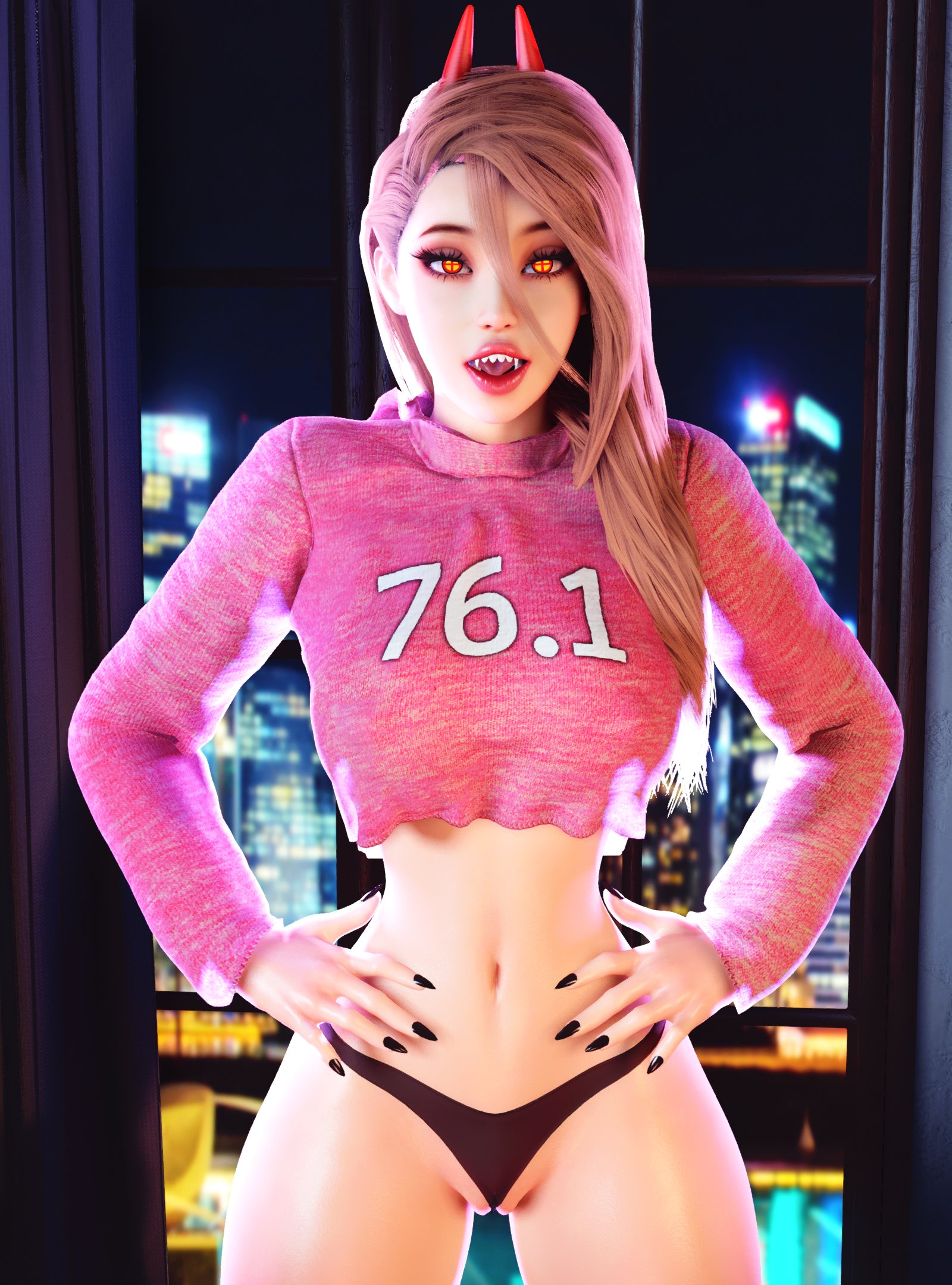1girls, 3d, chainsaw man, demon horns, female, horns, over (artist), over3d, pantsless, power (chainsaw man)