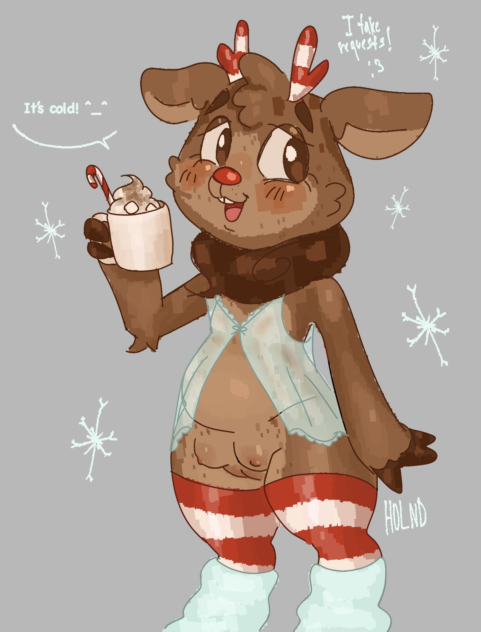 breasts, candy cane, casual exposure, casual nudity, chest fluff, chest fur, chest tuft, christmas clothing, christmas lingerie, christmas outfit, crotchboobs, dandy's world, dandys world, deer, deer antlers, deer ears, deer girl, female, female focus, female only, genderbent, genderswap (mtf), holnd, hooved fingers, hooved hands, hooves, hooves and horns, hot cocoa, legwarmers, lingerie only, looking at viewer, no bra, no panties, red and white, red and white stockings, reindeer, reindeer antlers, reindeer ears, reindeer girl, roblox, roblox game, rudie (dandy's world), rule 63, small breasts, small crotchboobs, snowflake, snowflakes, striped socks, striped thigh highs, striped thigh socks, striped thighhighs, thigh highs, thighhighs