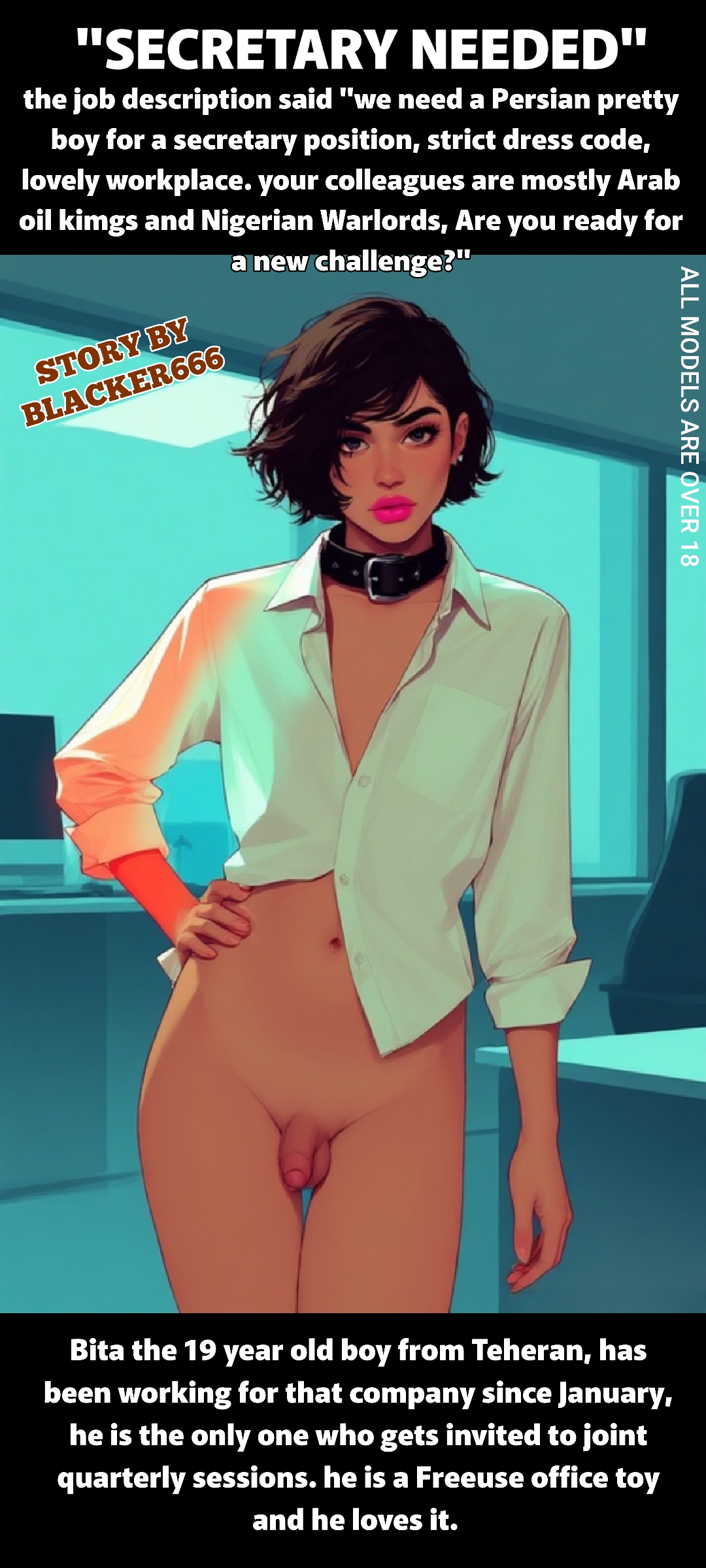 1boy, 1femboy, 2d, ai generated, barely clothed, black hair, blacker666, blouse, bottomless, brown hair, brunette hair, caption, collar, comic, comic cover, comic page, confident, dark hair, drawing, exposed, exposed penis, exposed torso, femboy, flat chest, flat chested, freeuse, freeuse femboy, gay, iranian, job, job application, leather collar, lipstick, looking at viewer, makeup, male, male only, medium hair, messy hair, micropenis, office, office clothing, painting, penis, persian (iranian), pink lips, pink lipstick, secretary, shirt, shirt only, sissy, sissy caption, small penis, soft penis, solo, standing, story, tanned, tanned body, tanned femboy, tanned male, tanned skin, teenage male, teenager, teenager boy, text, tiny penis, trap, twink, unbuttoned, unbuttoned shirt, white shirt, yaoi