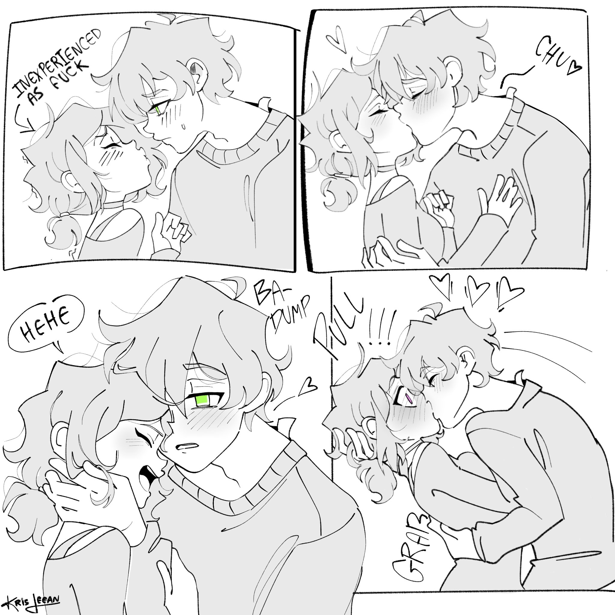 1boy, 1girls, 2d, andrew graves, ashley graves, black hair, brother and sister, female, green eyes, horny male, incest, krisleean, male, pink eyes, surprise kiss, the coffin of andy and leyley, tongue kiss