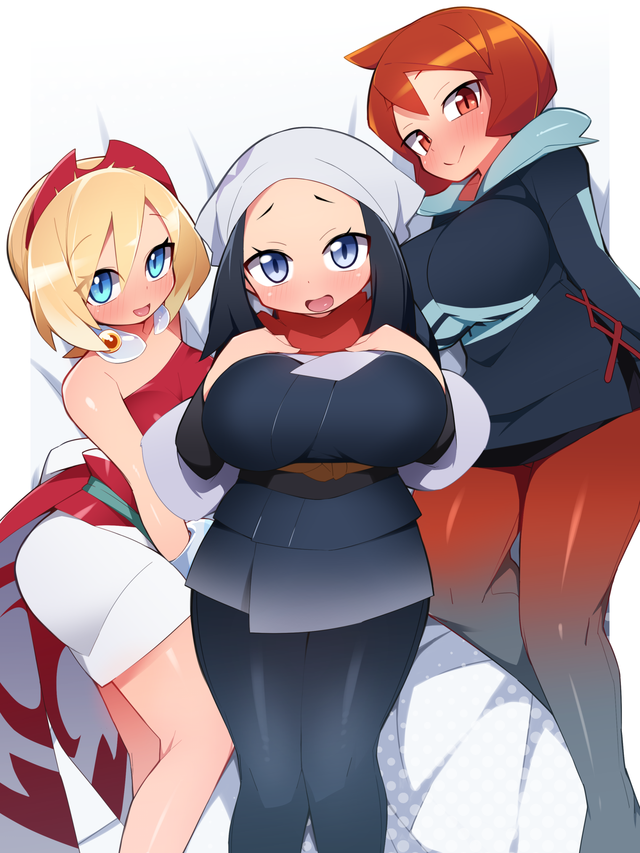 3girls, abarabone94, abarai (abarabone), absurdres, akari (pokemon), alternate breast size, arezu (pokemon), arm wrap, blonde hair, blue eyes, breasts, clothed, clothing, female, female only, floating scarf, galaxy expedition team survey corps uniform, game freak, gradient clothes, gradient legwear, grey eyes, hairband, headscarf, highres, irida (pokemon), jewelry, large breasts, multiple females, multiple girls, neck ring, nintendo, pantyhose, pokemon, pokemon legends: arceus, red eyes, red hair, red hairband, red scarf, red shirt, scarf, shirt, short hair, shorts, text, trio, two-tone legwear, waist cape, white shorts