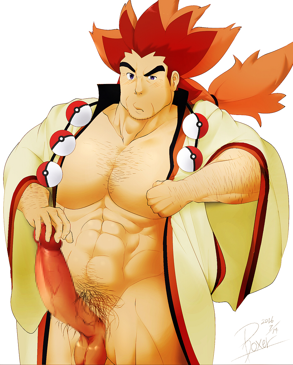 1boy abs alder bara body_hair bottomless erection male male_only multicolored_hair muscle muscles pants_boxer pecs penis pokemon pokemon_bw solo tagme testicles