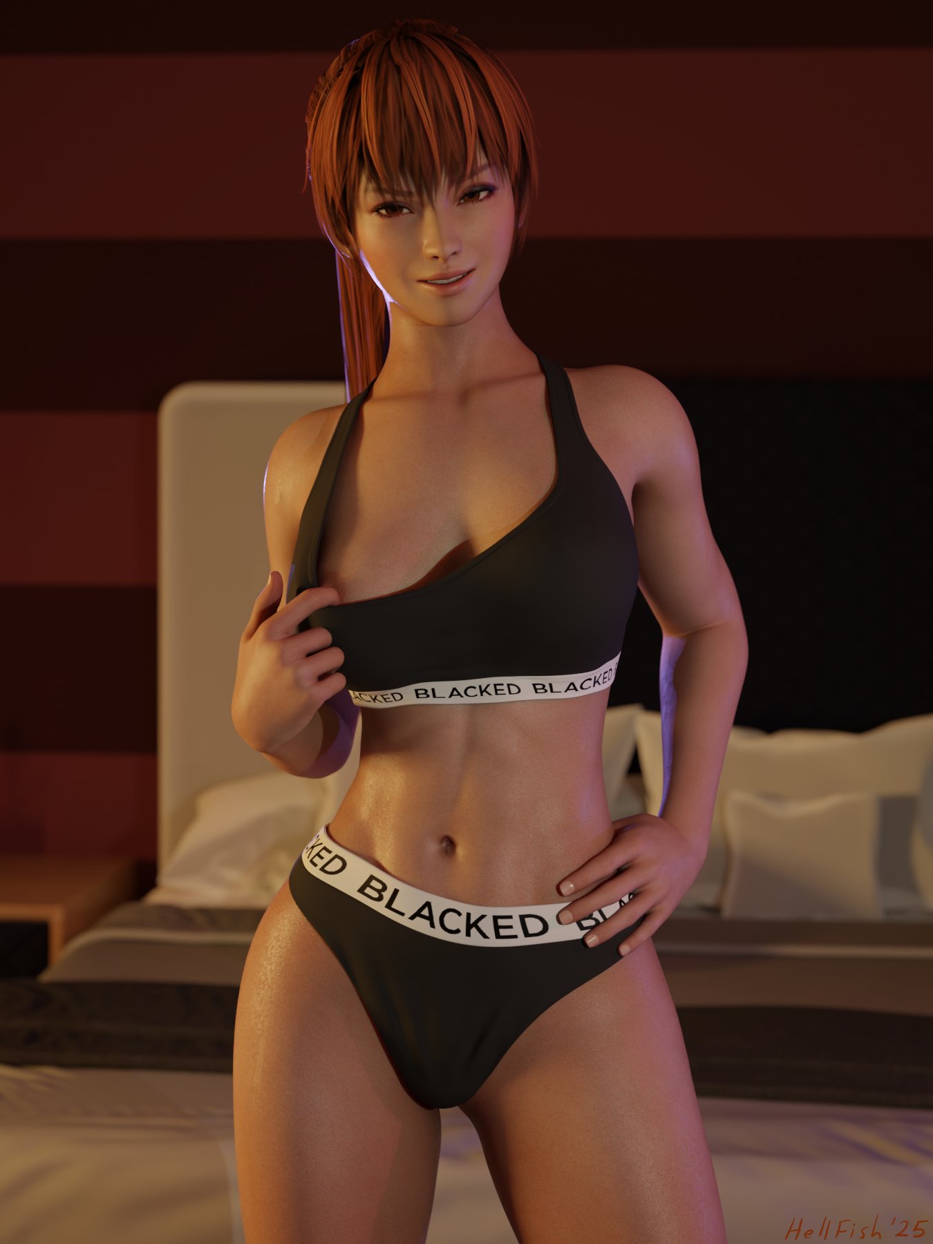 1girls, 3d, 3d model, 3d render, artist name, asian, asian female, auburn hair, bedroom, blacked, blacked clothing, blender, breasts, brown eyes, dead or alive, detailed background, female, flashing, ginger, ginger hair, hand on hip, hellfish, indoors, kasumi (doa), looking at viewer, midriff, navel, nipple, orange hair, ponytail, pulling clothing, seductive smile, self upload, smile, solo, teasing, thighs