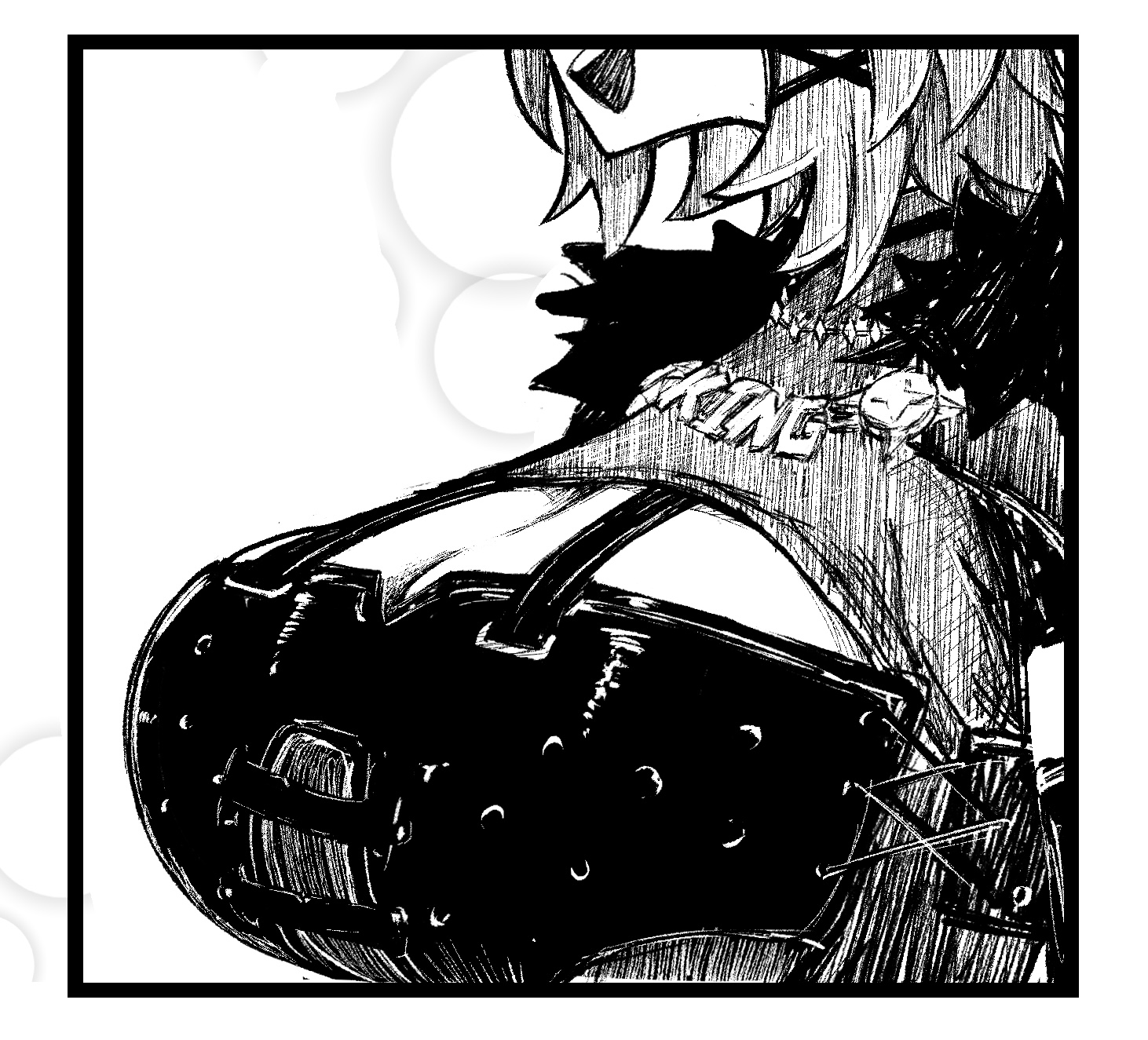 1girls, big breasts, black border, border, breasts, caesar king, caesar king (zenless zone zero), cleavage, female, female only, greyscale, huge breasts, monochrome, short hair, solo, tagme, zenless zone zero