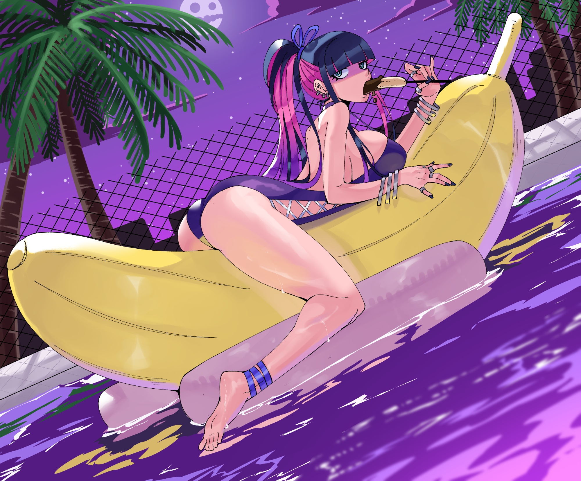 1girls, anklet, banana, black hair, bracelet, breasts, chain-link fence, chocolate banana, chocolate-covered food, commentary, earrings, english commentary, female, female only, fence, food, fruit, full body, green eyes, highres, inflatable toy, innertube, jewelry, large breasts, moon, multiple rings, night, night sky, one-piece swimsuit, palm tree, panty & stocking with garterbelt, phallic symbol, pink hair, pool, ring, sky, solo, stocking (psg), stocking anarchy, swim ring, swimsuit, tree, wanderjegson
