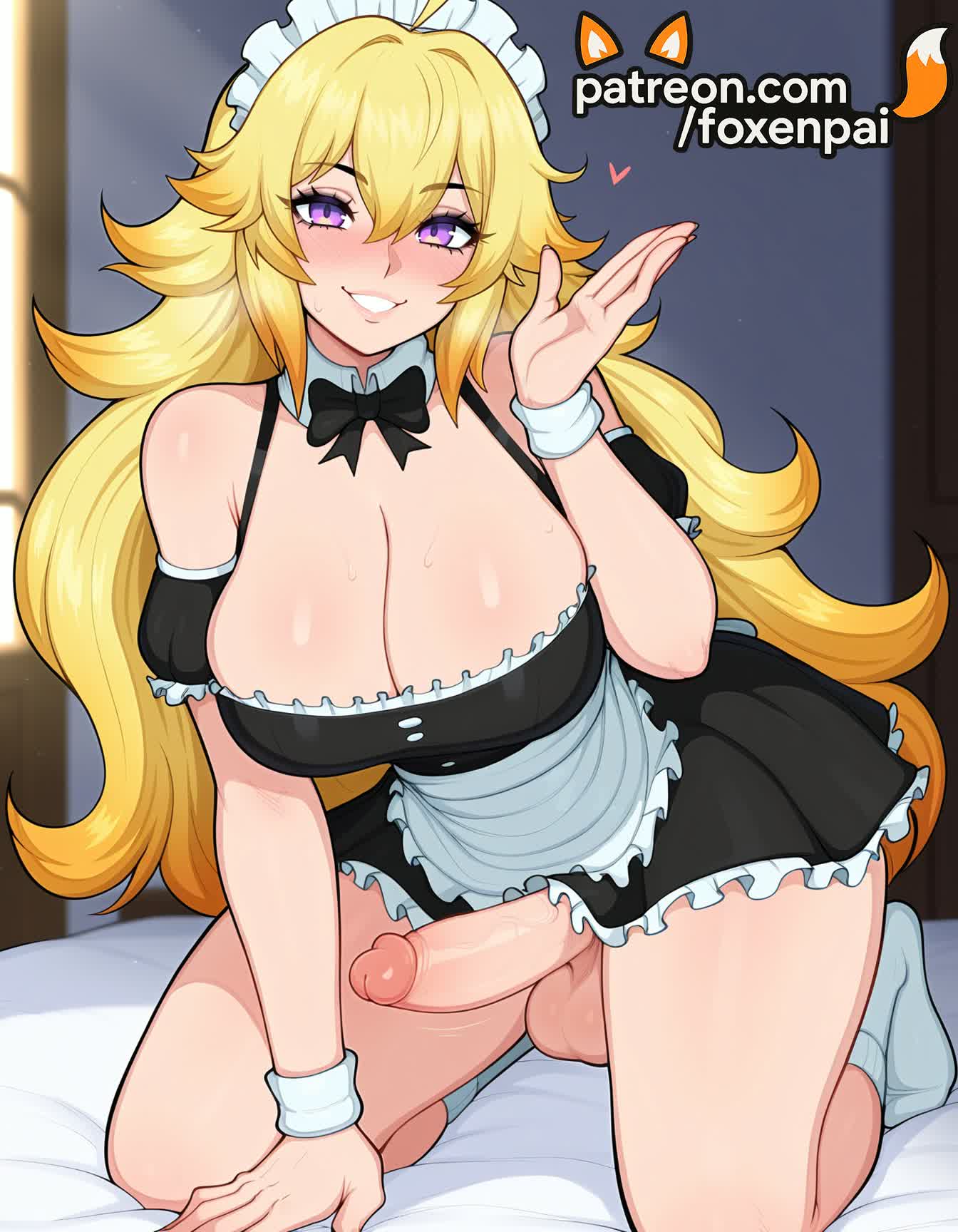 1futa, 2025, ai generated, artist name, balls, bed, blonde hair, blush, breasts, bust, chest, cock, crossdressing, dick, dress, enmaided, erection, eyebrows visible through hair, foreskin, foxenpai, futanari, hi res, high quality, high resolution, highres, intersex, long hair, maid, maid headdress, male, male focus, on bed, otoko no ko, patreon, patreon username, penis, puffy short sleeves, puffy sleeves, purple eyes, rwby, smile, stable diffusion, testicles, tight foreskin, uncircumcised, watermark, white apron, wrist cuffs, yang xiao long