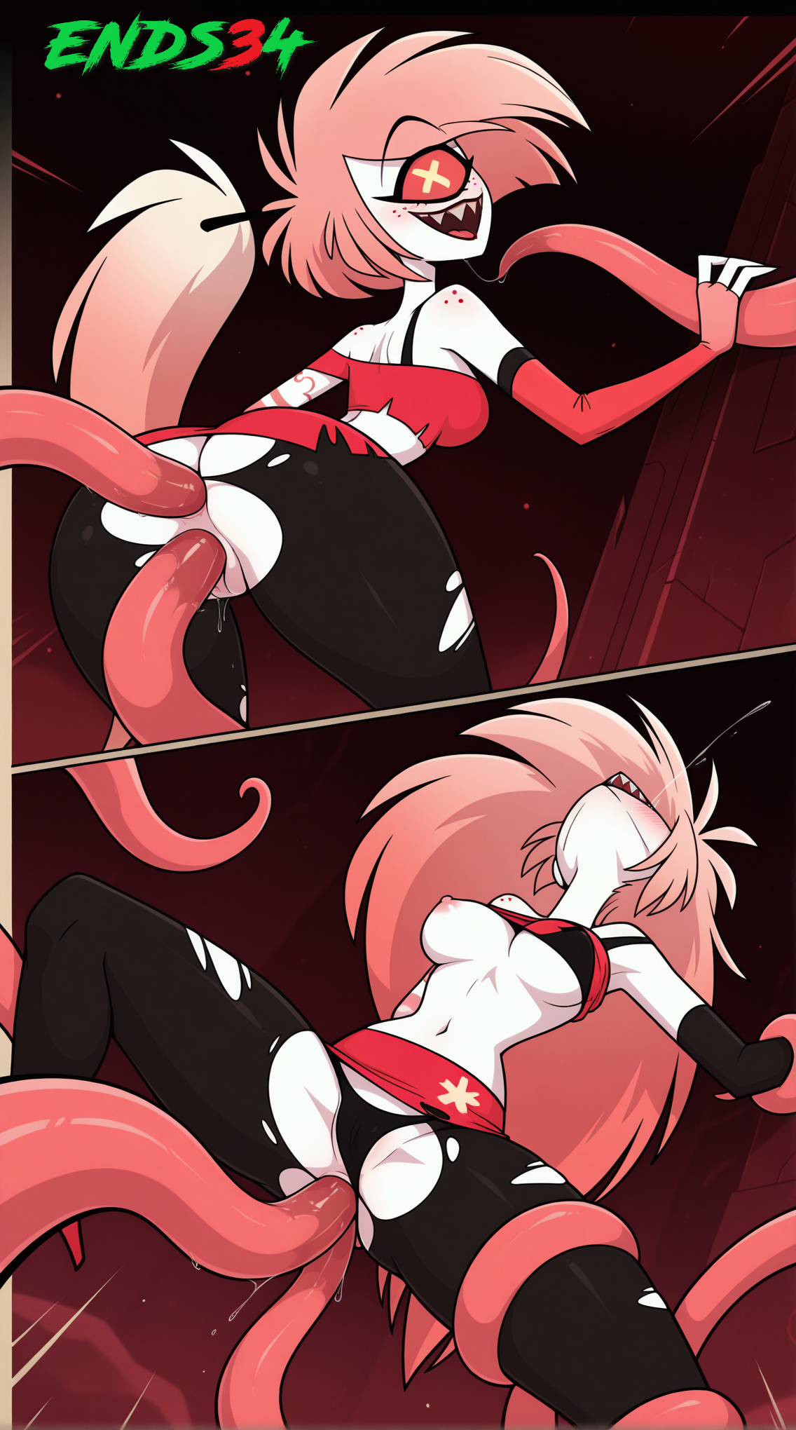 2025, ai generated, breasts, cherri bomb, cherri bomb (hazbin hotel), crop top, double penetration, ends34, female, female focus, hazbin hotel, medium breasts, pink hair, ponytail, sex, tentacle, tentacle sex, torn clothes