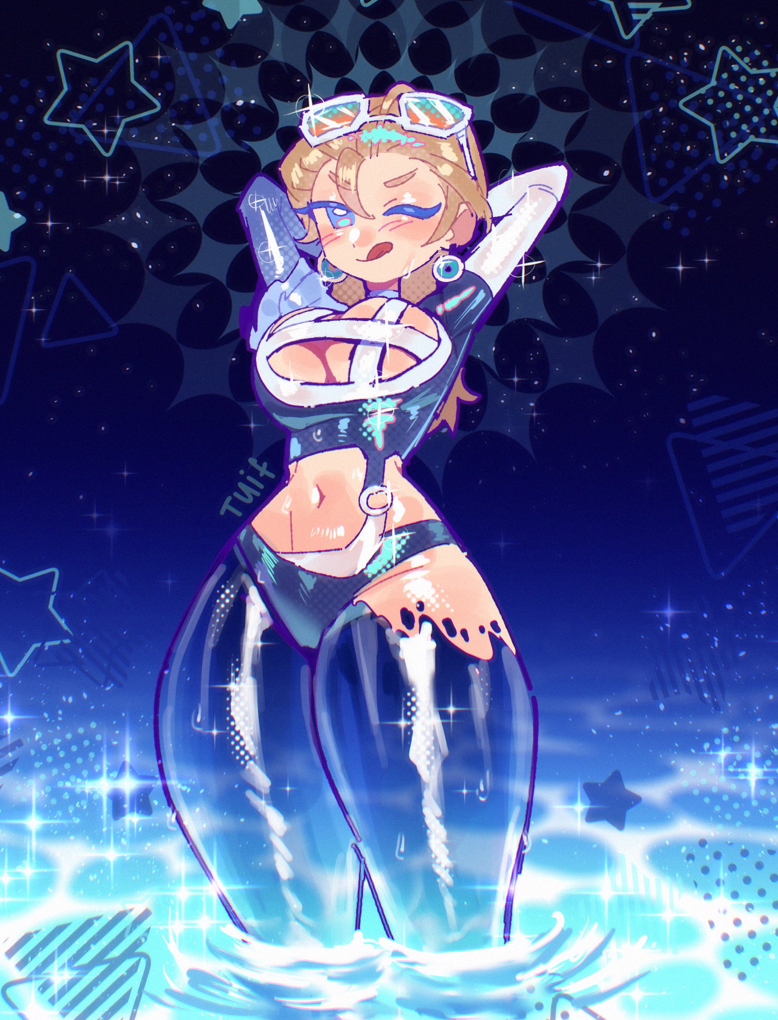 1girls, big breasts, blonde hair, blue eyes, breasts, eyewear on head, fantastic four, female, female only, goggles, goggles on head, invisible woman, invisible woman (azure shade), invisible woman (marvel rivals), long hair, marvel, marvel comics, marvel rivals, navel, one eye closed, solo, sparkle, sue storm, tagme, thick thighs, thighs, tongue, tongue out, tuif, tuiffff
