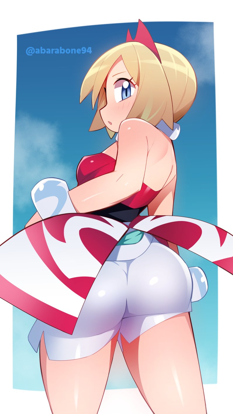 1girls, abarabone94, abarai (abarabone), arm wrap, blonde hair, blue eyes, eyebrow cut, female, female only, highres, irida (pokemon), jewelry, neck ring, nintendo, pokemon, red headwear, red shirt, shirt, shorts, solo, strapless, strapless shirt, waist cape, white shorts