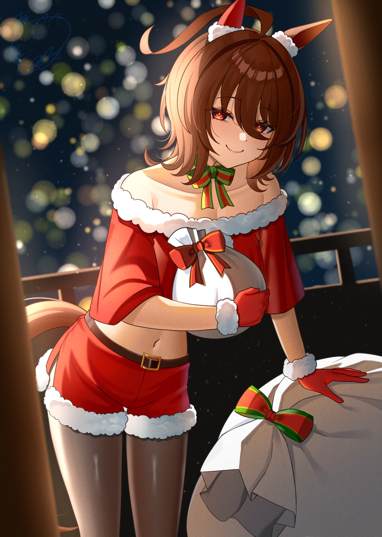 1girls, agnes tachyon (umamusume), animal ears, bare shoulders, black pantyhose, blurry, blush, bokeh, breasts, brown hair, brown tail, christmas, cleavage, closed mouth, collarbone, commentary request, depth of field, ear covers, female, fur trim, fur-trimmed gloves, gloves, hair between eyes, hair intakes, highres, holding, holding sack, horse ears, horse girl, horse tail, large breasts, looking at viewer, medium hair, midriff, motusii, navel, panties under shorts, pantyhose, red eyes, red gloves, red shirt, red shorts, sack, shirt, shorts, smile, solo, tail, umamusume
