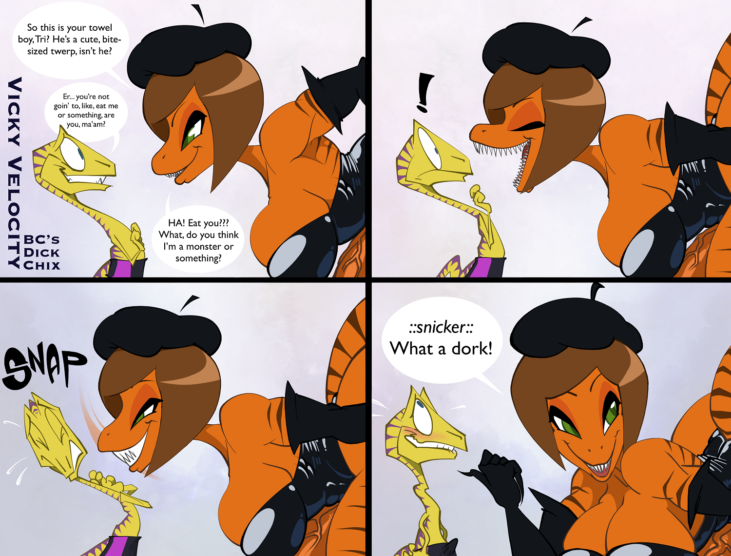 abs, absurd res, anthro, bcdickchix, bcfuta, beret, big breasts, breasts, brendancorris, brown hair, comic, dialogue, dinosaur, duo, english text, female, femdom, futanari, green eyes, intersex, larger female, male, no shirt, oc, open mouth, orange skin, original character, pathetic male, penis, raptor, scared, sharp claws, sharp teeth, shorts, skinny male, smaller male, smiling, speech bubble, story, tail, teasing, text, tight clothing, veiny penis, velociraptor, yellow skin