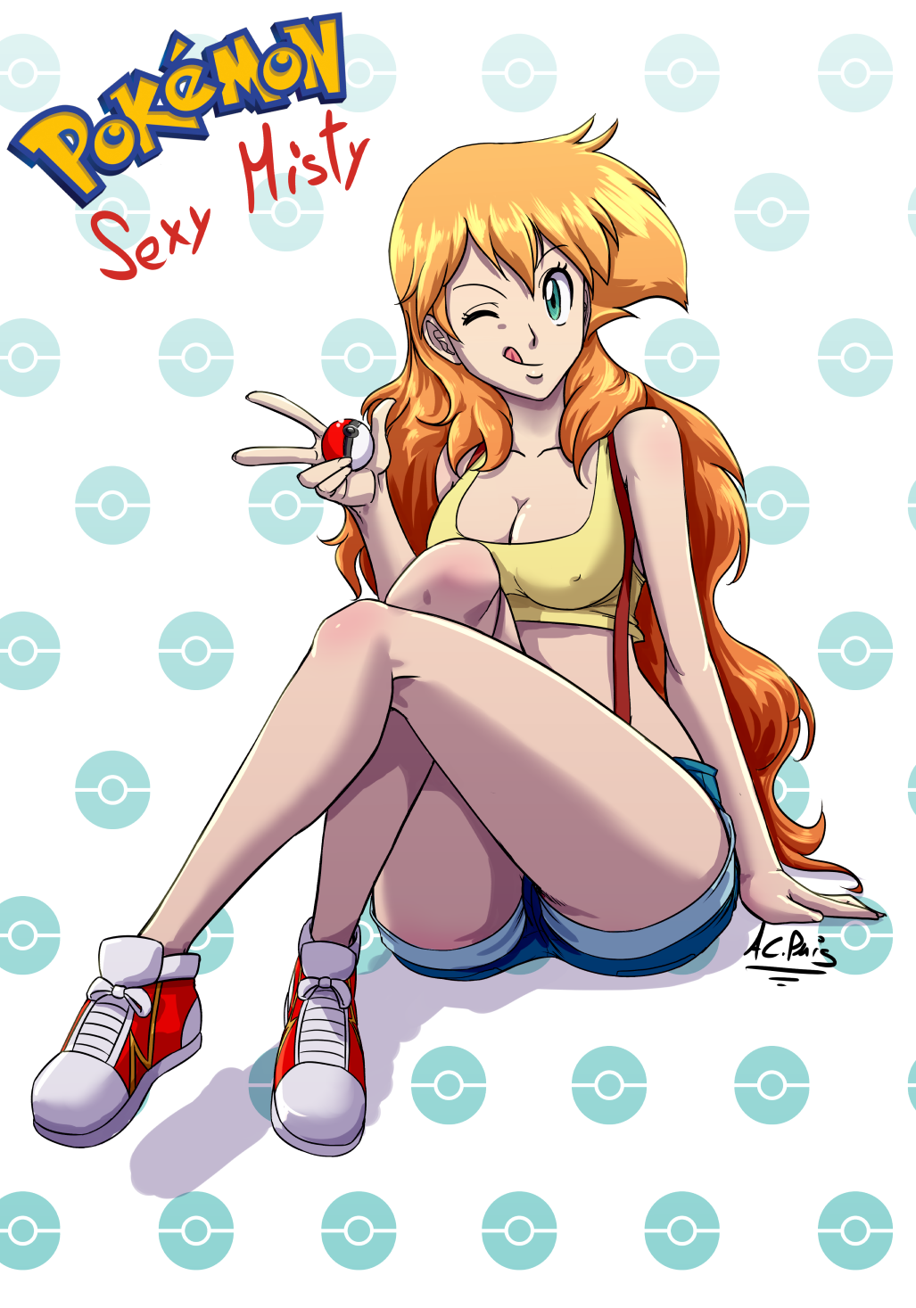 acpuig bangs breasts cleavage crop_top denim_shorts english_text eyelashes female female_only footwear gesture green_eyes human human_only kasumi_(pokemon) large_breasts licking_lips long_hair nintendo nipple_bulge one_eye_closed orange_hair poke_ball pokemon shoes short_shorts shorts signature sitting solo text tongue tongue_out v very_long_hair wink