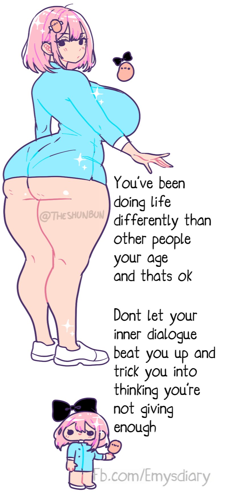1girls, ass, big ass, breasts, cellulite, english text, female, female only, footwear, huge breasts, kawaii potato, large ass, original, original character, pink hair, solo, solo female, text, theshunbun, thick thighs, white background, wide hips