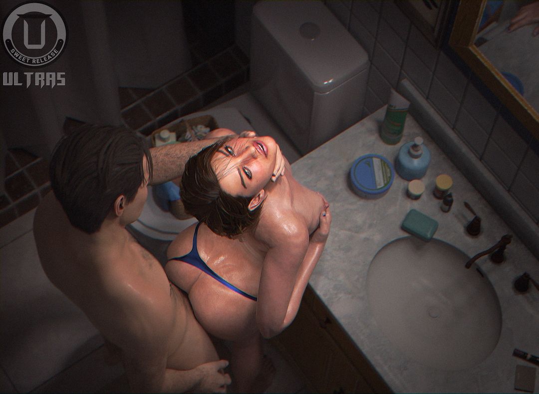 3d, blue eyes, breasts, brown hair, choking, female, flushed face, grabbing from behind, hair over face, hairy male, hard nipples, jill valentine, looking up, male, oiled skin, oral, pale skin, pale-skinned female, resident evil, resident evil 3, short hair, small breasts, squeezing breast, sweaty, tanline, thong only, ultras, underwear aside, underwear only