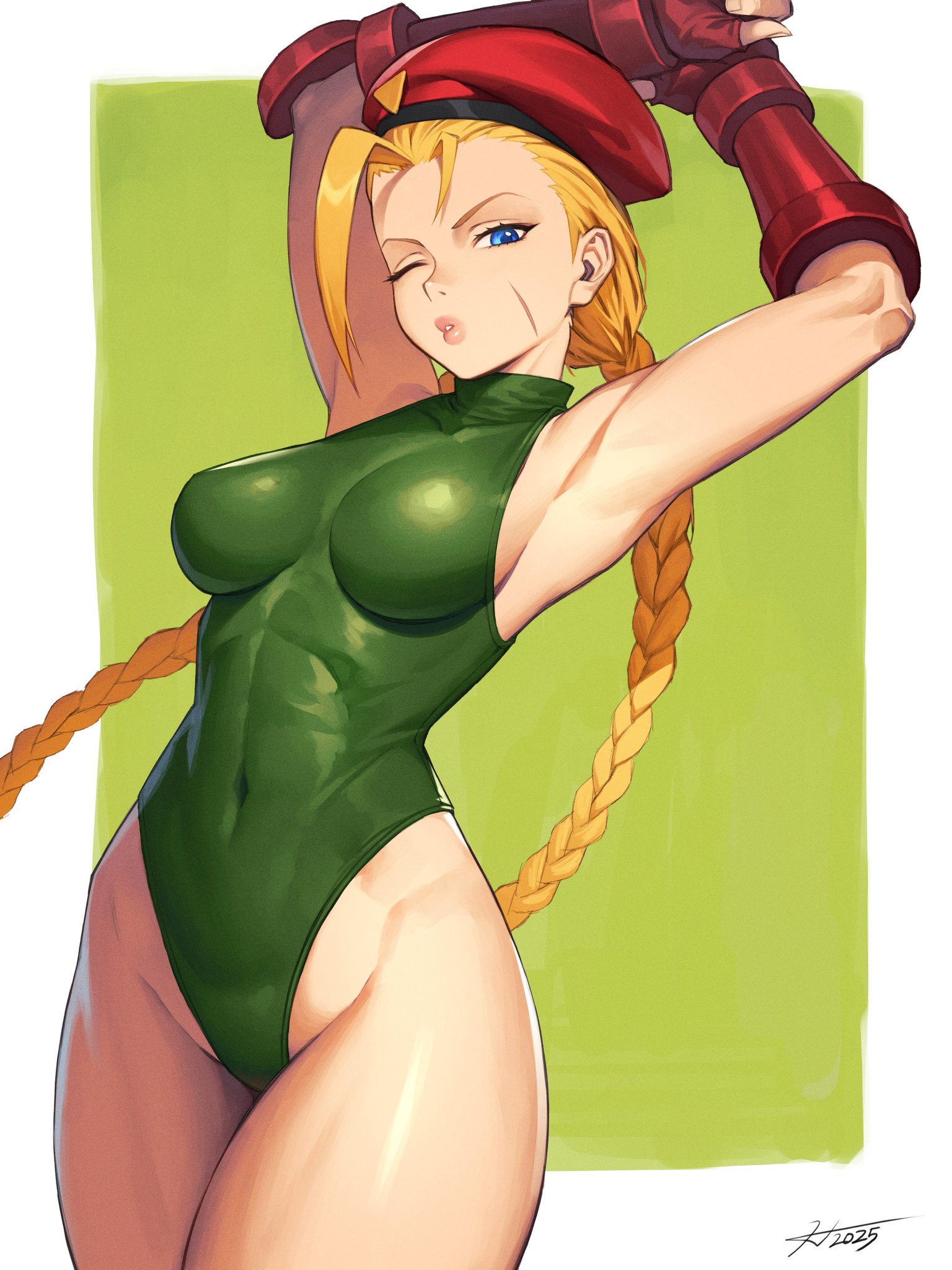 1girls, arms behind head, beret, blonde hair, blue eyes, braid, braided twintails, breasts, cammy white, commentary, covered navel, dated, female, female only, fingerless gloves, gloves, green leotard, hat, hichi, hichi (an hee-chul), highres, leotard, long hair, medium breasts, one eye closed, parted lips, red gloves, red hat, scar, scar on face, signature, solo, street fighter, street fighter 6