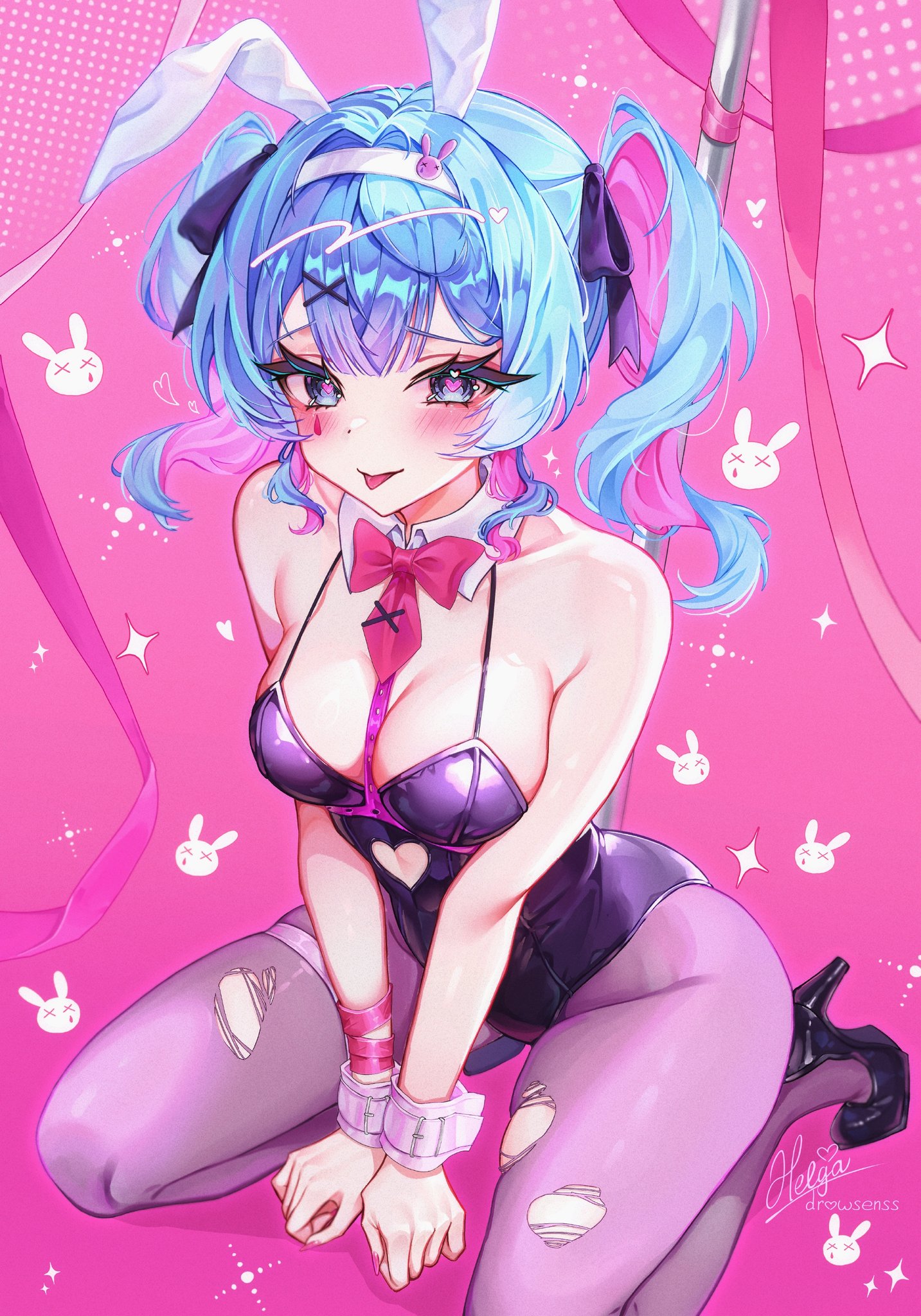 1girl, 1girls, animal ears, bangs, bare shoulders, between breasts, between legs, black footwear, black leotard, blue eyes, blue hair, blush, bow, bowtie, breasts, bunny ears, bunnysuit, cleavage, detached collar, fake animal ears, female, hair ornament, hair ribbon, hairband, hatsune miku, heart, heart cutout, heart-shaped pupils, high heels, kneeling, leotard, long hair, looking at viewer, medium breasts, multicolored hair, pantyhose, pink background, playboy bunny, purple pantyhose, rabbit ears, rabbit hole (vocaloid), ribbon, solo, symbol-shaped pupils, tongue, tongue out, torn clothes, torn pantyhose, twintails, vocaloid, wrist cuffs, x hair ornament
